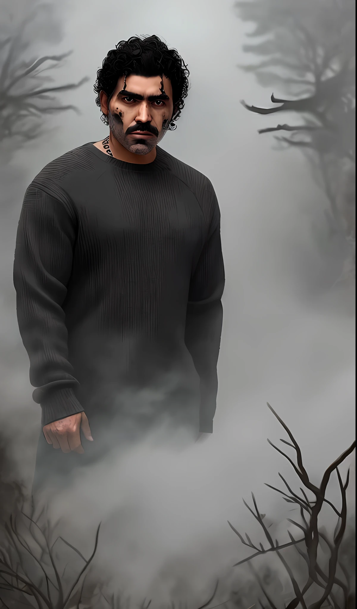 A black-haired Latino man, horror movie survivor in a torn gray sweater and with some apparent wounds, with a creepy bush with fog in the background, hyper-detailed