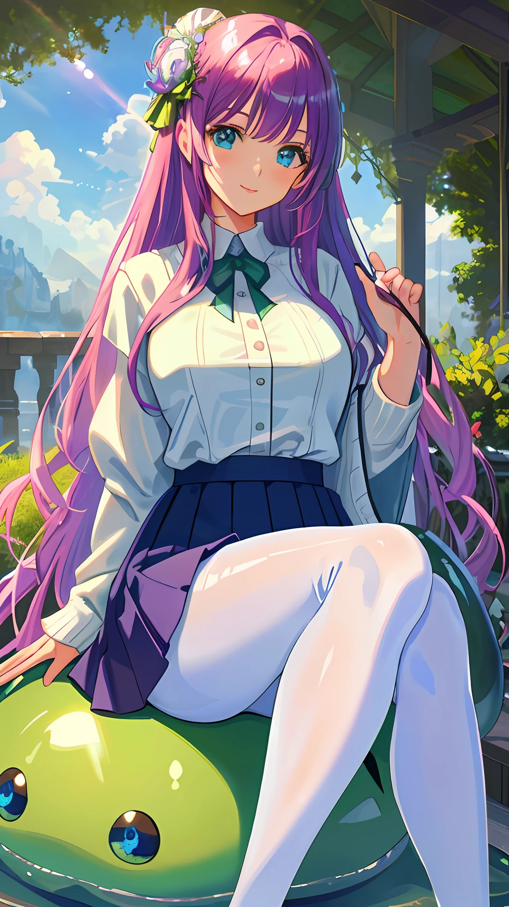 ((Work of art)) ((best quality)) ((high resolution)) ((incredibly well detailed)) (((extremely complex))) Beautiful girl, cute smile, violet hair, hair ornaments, sitting on a cute slime monster, long hair, white sweater fulfilled, thick legs, embroidered transparent pantyhose, stylish skirt, pink lips, sparkling green to blue eyes, hyper detailed scenery, (masterpiece), best quality, incredibly beautiful, sunlight, dynamic light, clouds, intense shadows,