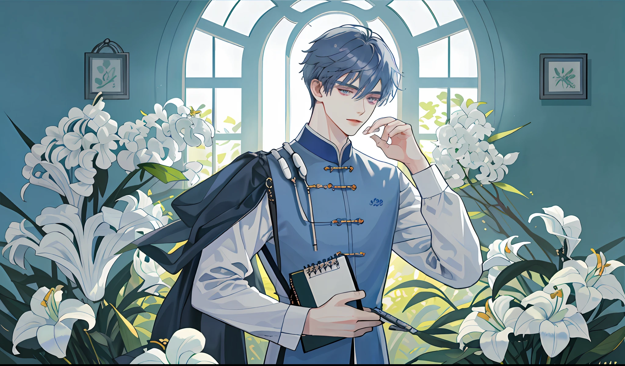 (No beard),masterpiece, best quality,(1 male),adult,delicate painting style, upper body,male focus,an 20 year old Chinese man with beauty face,
Long dark gray-blue hair, straight hair,Half half parted bangs,purple eyes,Stethoscope, glasses , notebooks, pens,gentle,Doctor,White shirt,The body is wide and slender,angular face,No tattoos,small head,golden hair accessories,handsome,mysterious beauty,high and cold,elegant, tall muscular,
(Complex background), hospitals,Lilies, gardenias, lily of the valley,Sunlight through windows, greenery,Red sun, blue sky