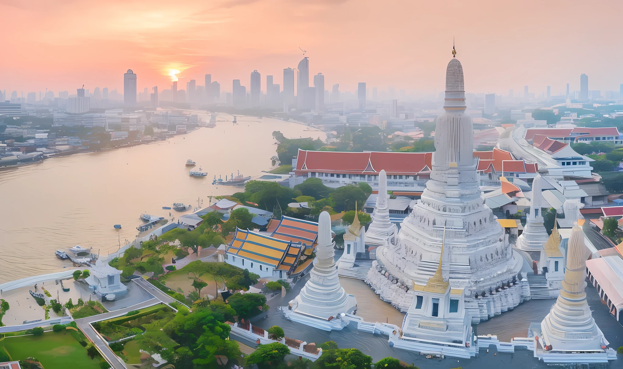 arafed view of a city with a river and a bridge, bangkok, thailand, thai temple, shutterstock, thai, beautiful high resolution, full image, trending ,, beautiful image, thailand art, thai architecture, beautiful city, by Bernardino Mei, high detailed photo, amazing view, beautiful cityscape, 3840 x 2160, asia