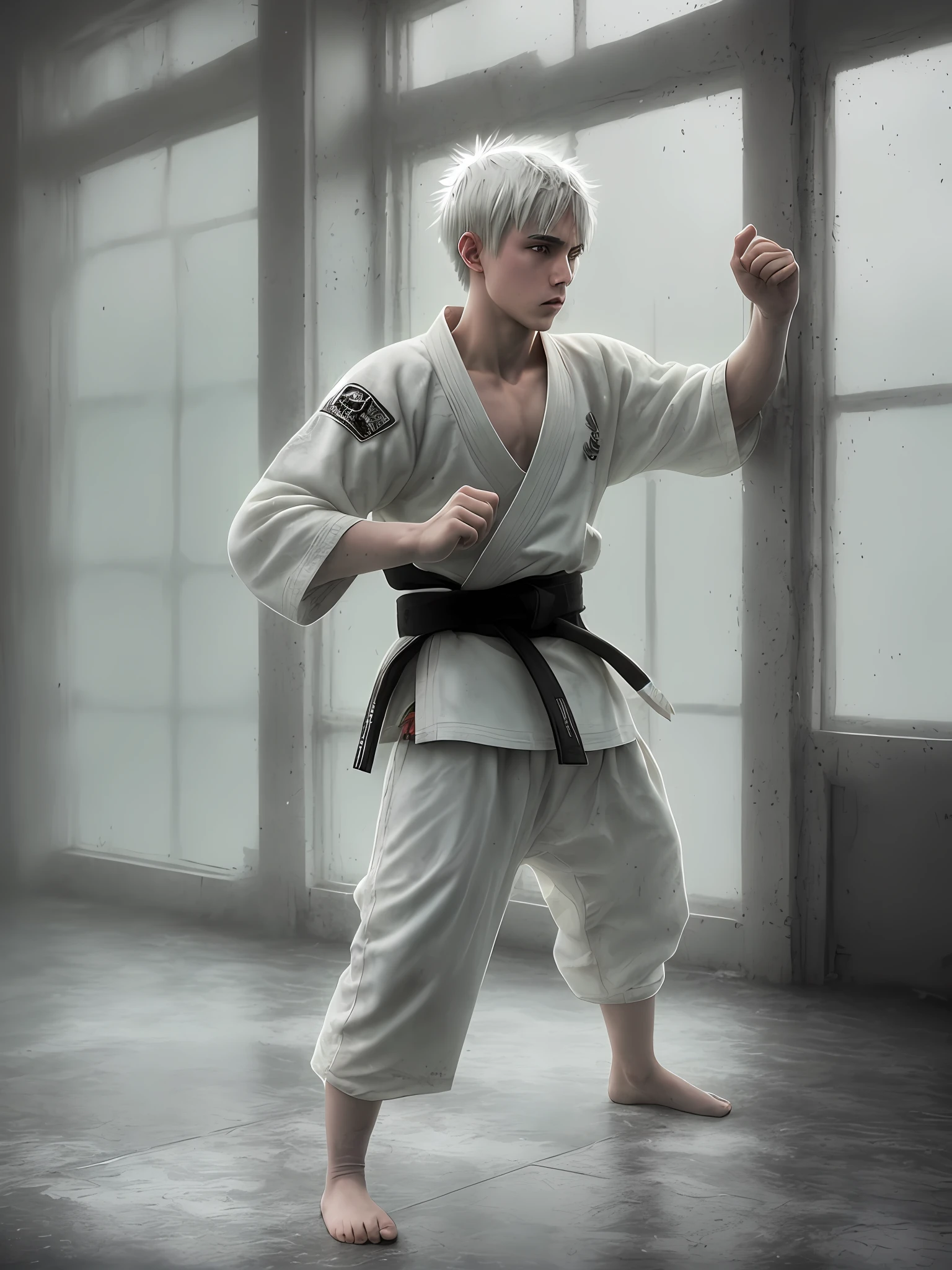 1 white-haired teenager, 1 black-haired teenager, training martial arts, angry, realistic epic, photo, faded, complex things around, room background all white, windowless, soaked, neutral colors, (((((hdr)))), ((((soft colors)))), intricate scene, artistic station, intricate details, vignette,