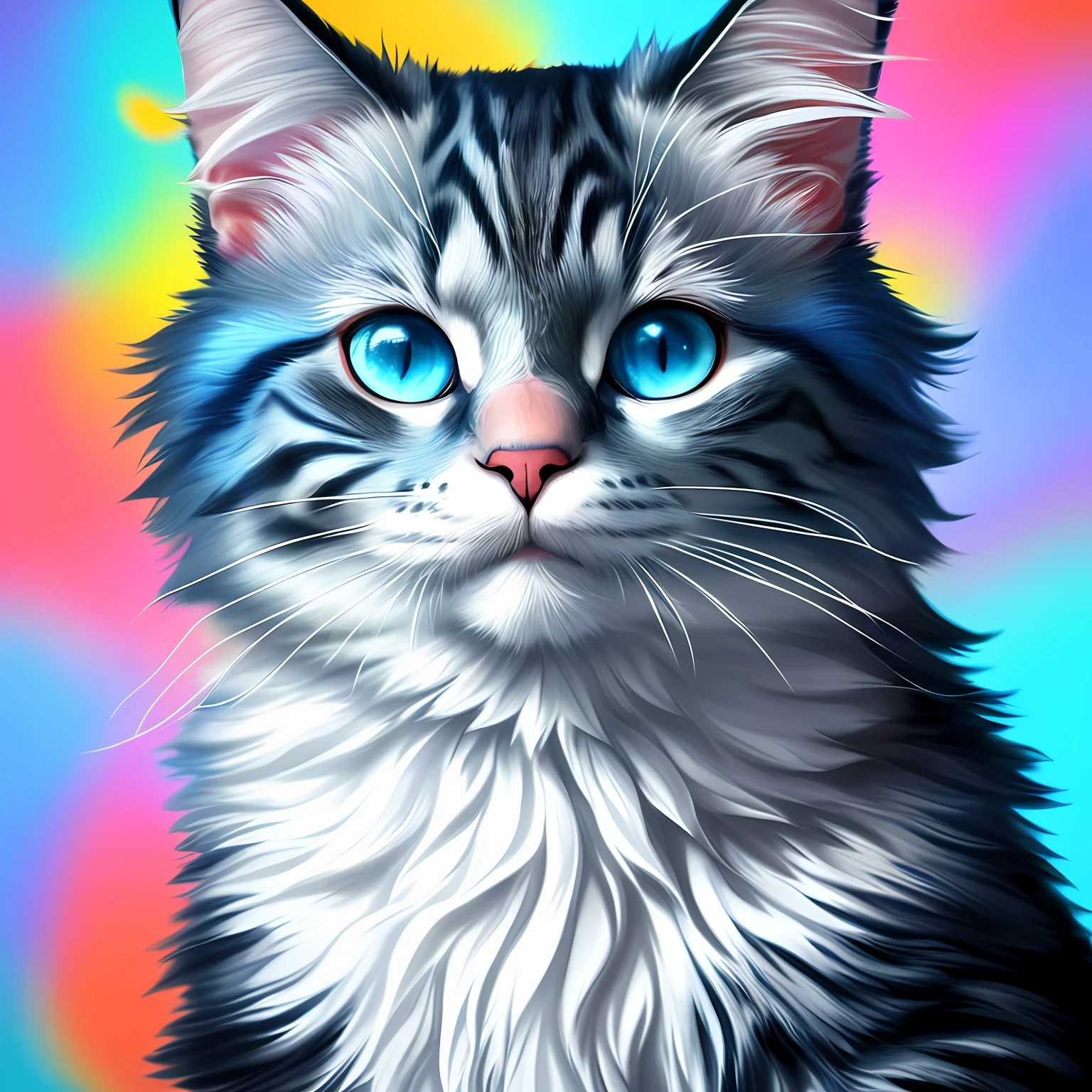 a painting of a colorful cat with blue eyes, a digital painting, Behance contest winner, hd vector art, Maine coon, blurred and dreamy illustration, super detailed color low poly art