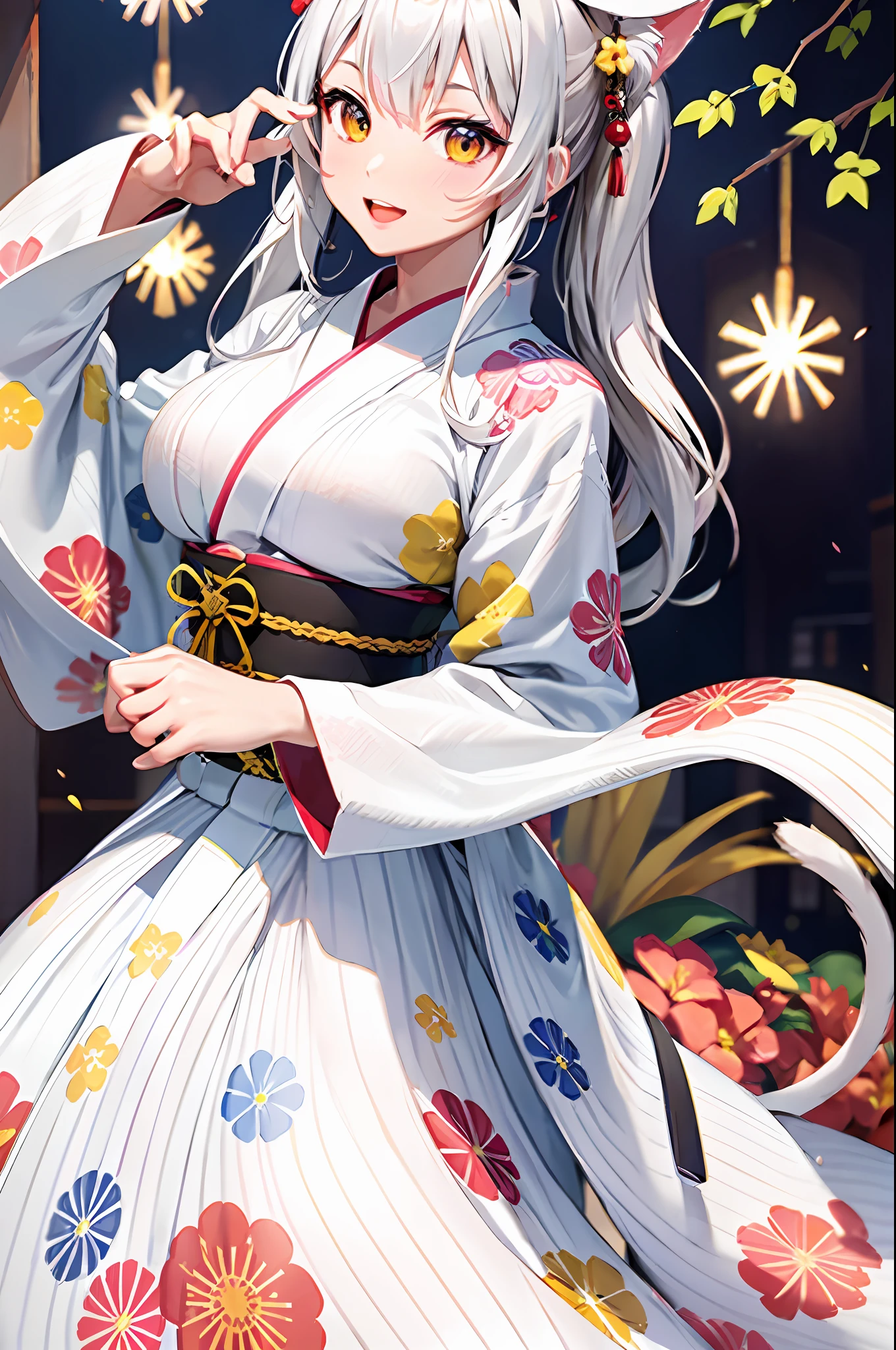 masterpiece, high resolution, high quality, NSFW, white yukata, fireworks, festival, big breasts, cat ears, floral pattern, yellow eyes, gray hair, twin tails