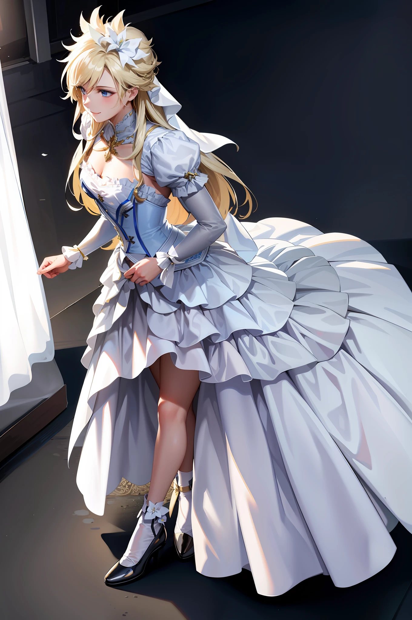 Masterpiece, best quality, cloud clash, crossdressing, long hair, male focus, pure white bridal dress, hair bow, smile, beautiful face, looking at the audience, white stockings, flowers in hand, pseudonym, face depicted meticulously, white stockings shiny
