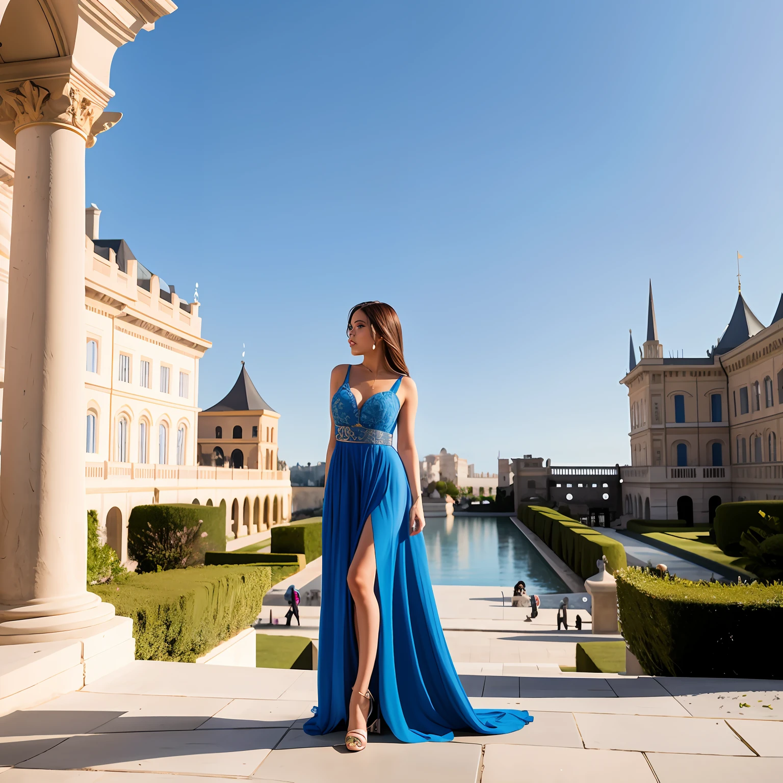 beautiful girl in a sexy dress stands against the backdrop of a fabulous picturesque palace in the Empire style. The girl stands in full growth, the girl is a brunette, her face is excellent, her eyes are bright blue.