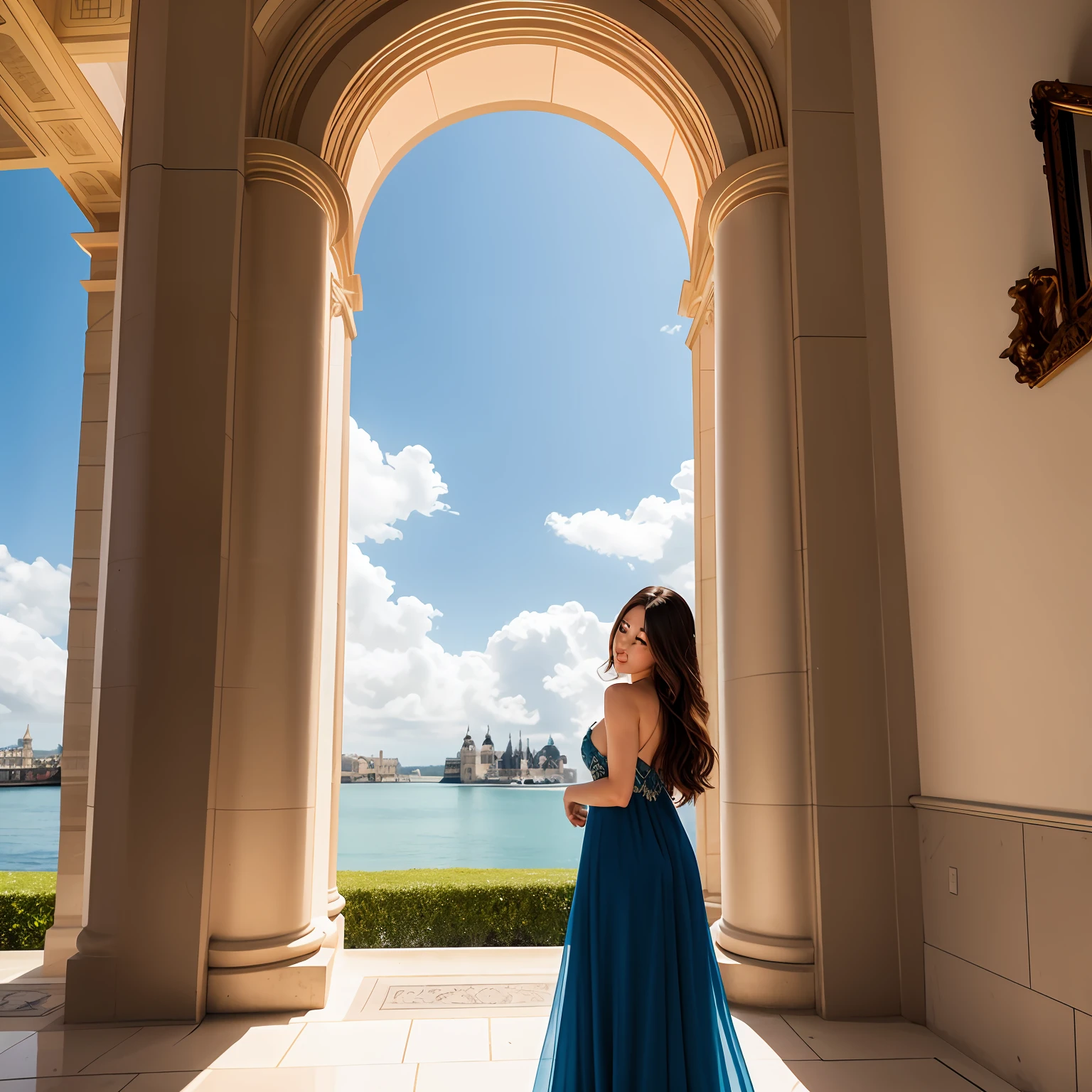 beautiful girl in a sexy dress stands against the backdrop of a fabulous picturesque palace in the Empire style. The girl stands in full growth, the girl is a brunette, her face is excellent, her eyes are bright blue.