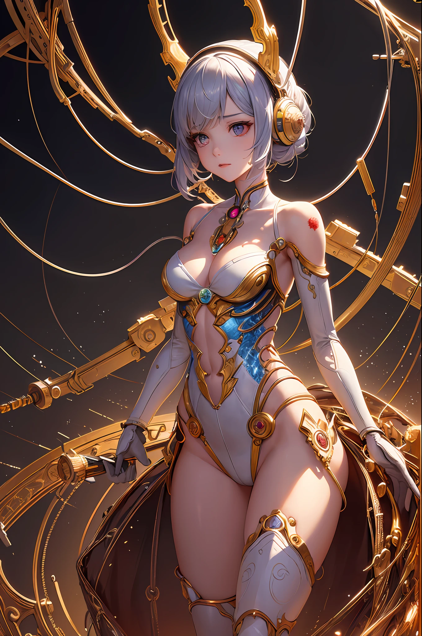 (((masterpiece))), (((best quality))), ((ultra-detailed)), (highly detailed CG illustration), ((an extremely delicate and beautiful)),cinematic light,((1mechanical girl)),solo,(cowboy shot:1.2),(machine made joints:1.2),((machanical limbs)),(blood vessels connected to tubes),(mechanical vertebra attaching to back),((mechanical cervial attaching to neck)),expressionless,(wires and cables attaching to neck:1.2),(wires and cables on head:1.2),(character focus),science fiction,extreme detailed,colorful,highest detailed, loongs,fengs,background,