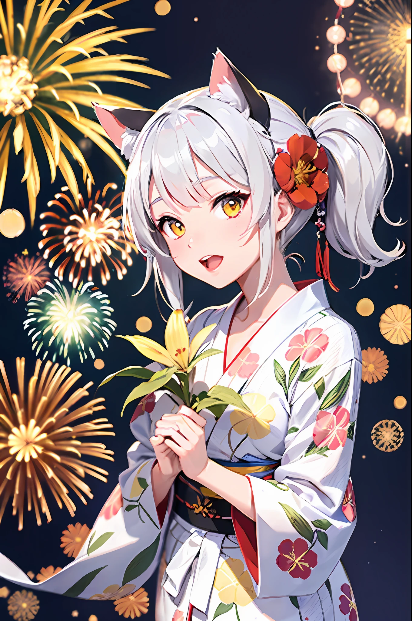 masterpiece, high resolution, high quality, NSFW, white yukata, fireworks, festival, big breasts, cat ears, floral pattern, yellow eyes, gray hair, twin tails