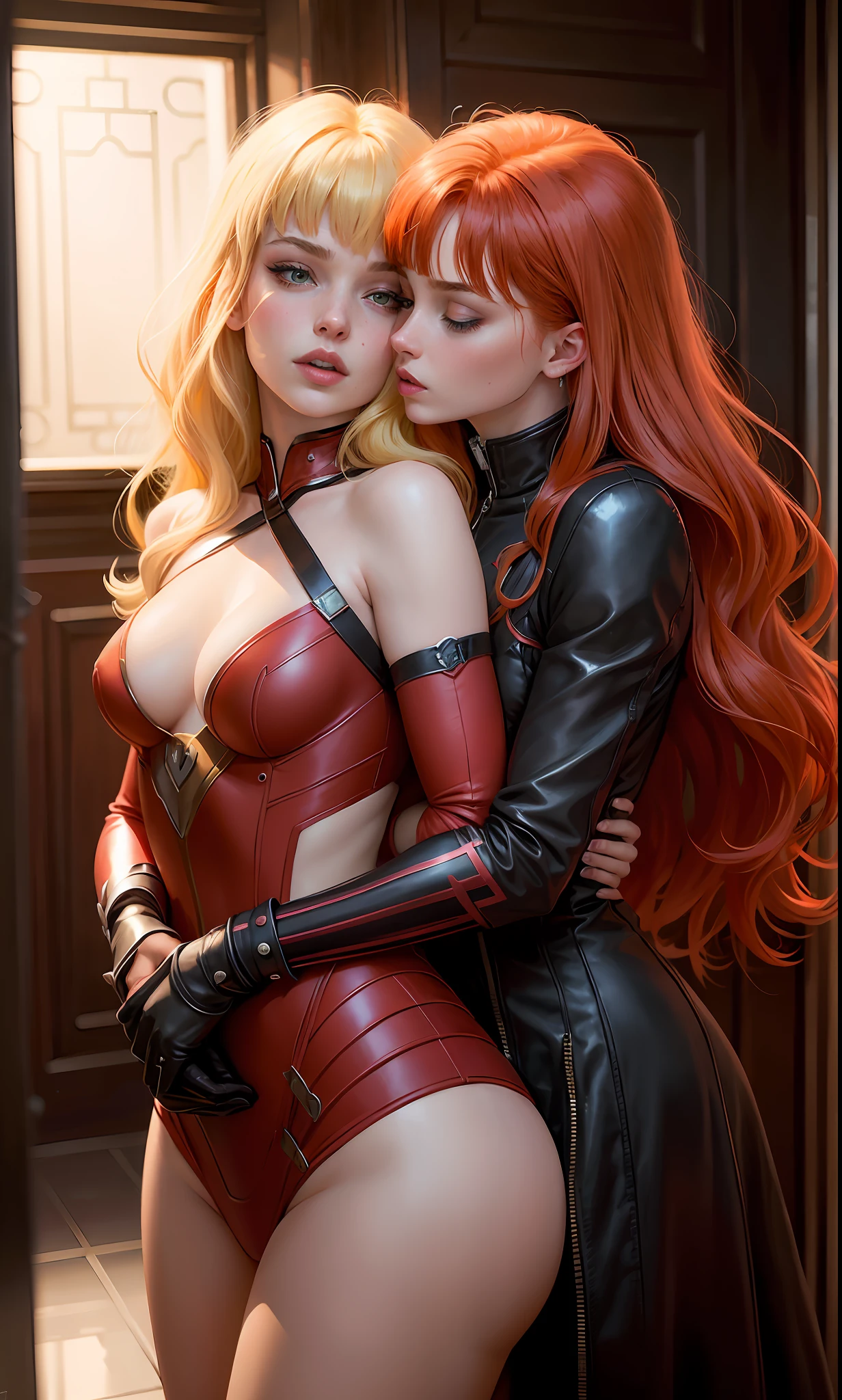 2woman kissing, Dark Phoenix (Sophie Turner, red hair) kissing Magik (Anya Taylor-Joy, blonde with bangs) in the X-Men's danger room, ecchi, side view