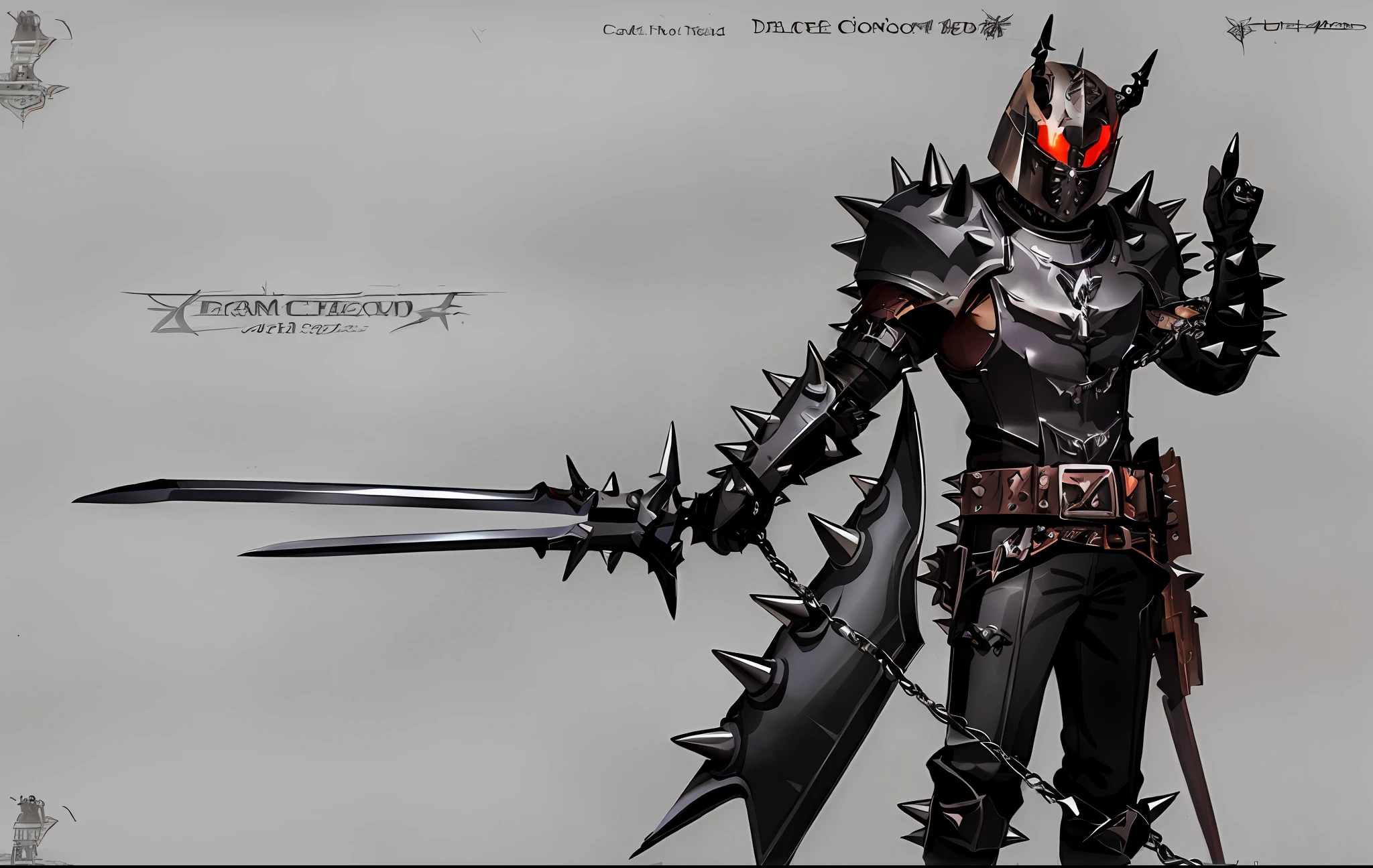 (((concept art, drawing, sketch, Undd, solo))), (((beetle))), (horned helmet), ((black armor)), (((spiked leather body plates))), (((spikes))), ((belt)), ((weapon)), (((ring chains))), (((chain)))