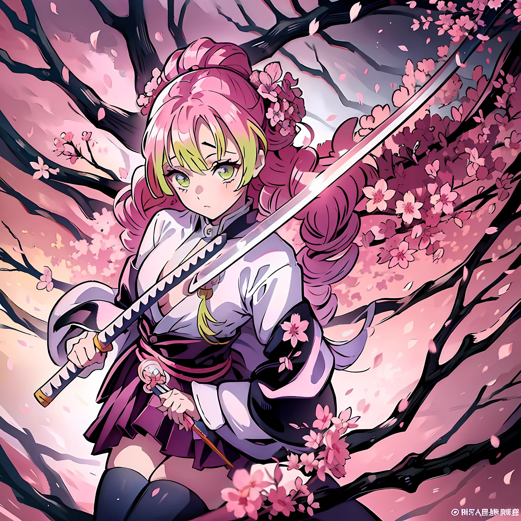 a girl in a sakura forest holding a katana, 1girl, beautyful, ultra detailed, kimetsu no yaiba, cute, solo, fullbody, good anatomy, standing, katana, beautyful body, sakura forest, beautyful legs, beautyful face, high quality, anime, beautyful background, beautyful, kimono, masterpiece, detailed hand, detailed legs, detailed face, detailed katana