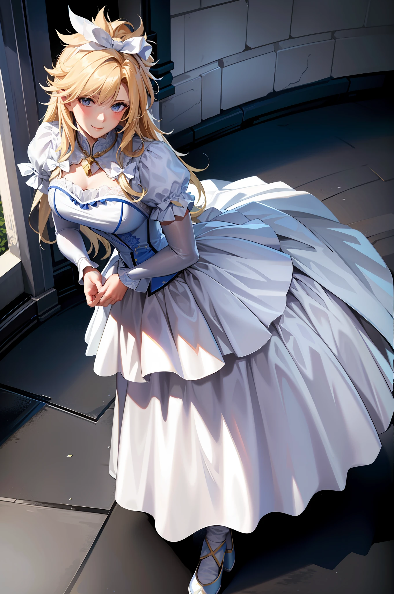 Masterpiece, best quality, cloud clash, crossdressing, long hair, male focus, pure white bridal dress, hair bow, smile, beautiful face, looking at the audience, white stockings, flowers in hand, pseudonym, face depicted meticulously, white stockings shiny