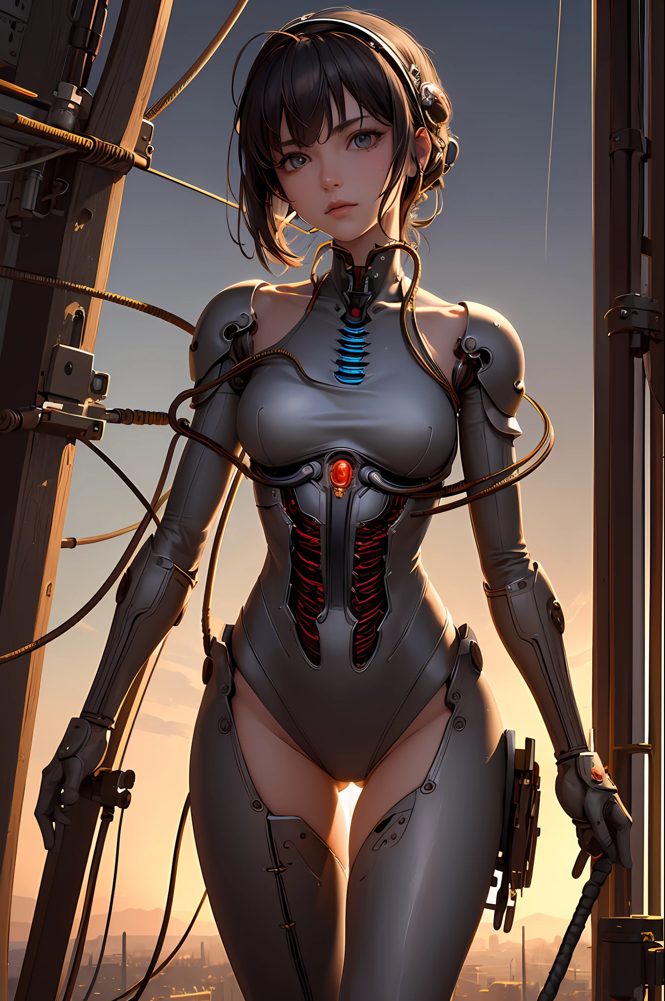 (((masterpiece))), (((best quality))), ((ultra-detailed)), (highly detailed CG illustration), ((an extremely delicate and beautiful)),cinematic light,((1mechanical girl)),solo,(cowboy shot:1.2),(machine made joints:1.2),((machanical limbs)),(blood vessels connected to tubes),(mechanical vertebra attaching to back),((mechanical cervial attaching to neck)),expressionless,(wires and cables attaching to neck:1.2),(wires and cables on head:1.2),(character focus),science fiction,extreme detailed,colorful,highest detailed, loongs,fengs,background,