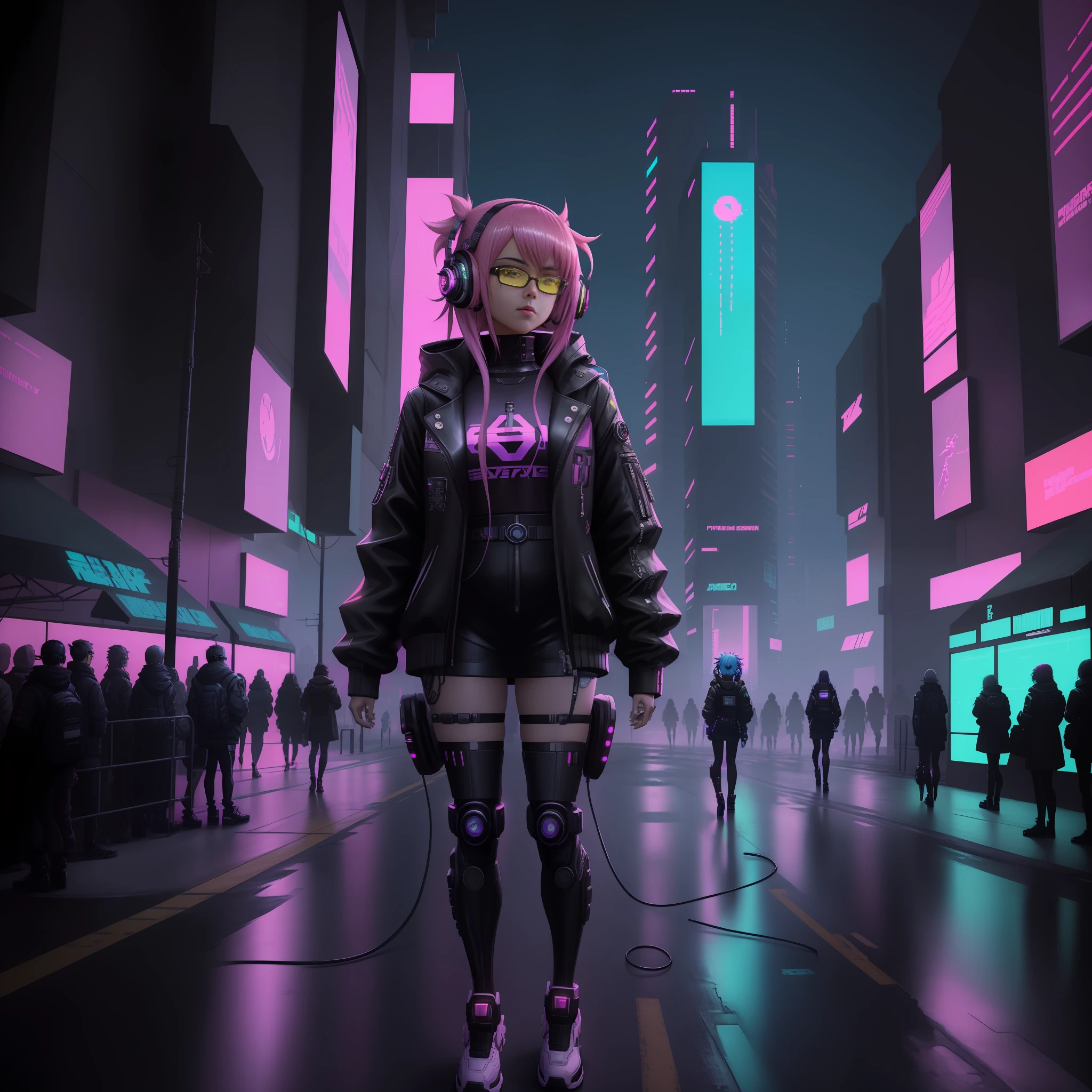 Anime Girl with Headphones and Glasses Futuristic City, Digital Cyberpunk Anime Art, Digital Cyberpunk - Anime Art, Anime Style 4K, Cyberpunk Anime Girl, Anime Cyberpunk Art, Portrait Anime Space Trainee Girl, Female Cyberpunk Anime Girl, Cyberpunk Art Style, Anime Style. 8k, Guvez style artwork, fantastic cyberpunk girl, cyberpunk anime art, cyberpunk style, yellow eyes