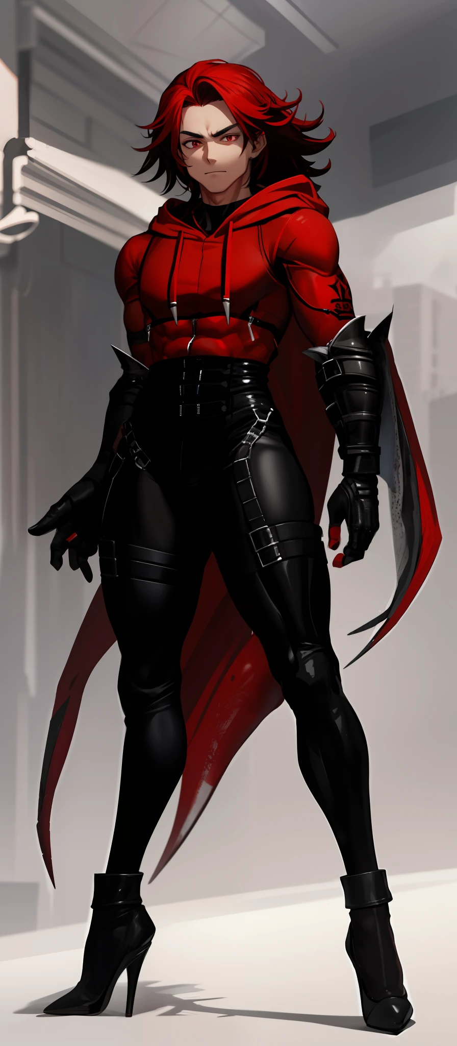 Boy, bodybuilder, big black messy hair, muscular, extremely bright red eyes, HD, masterpiece, seductive red high heels, slim dark black hoodie, full body view, neutral face, black stockings, high heels.