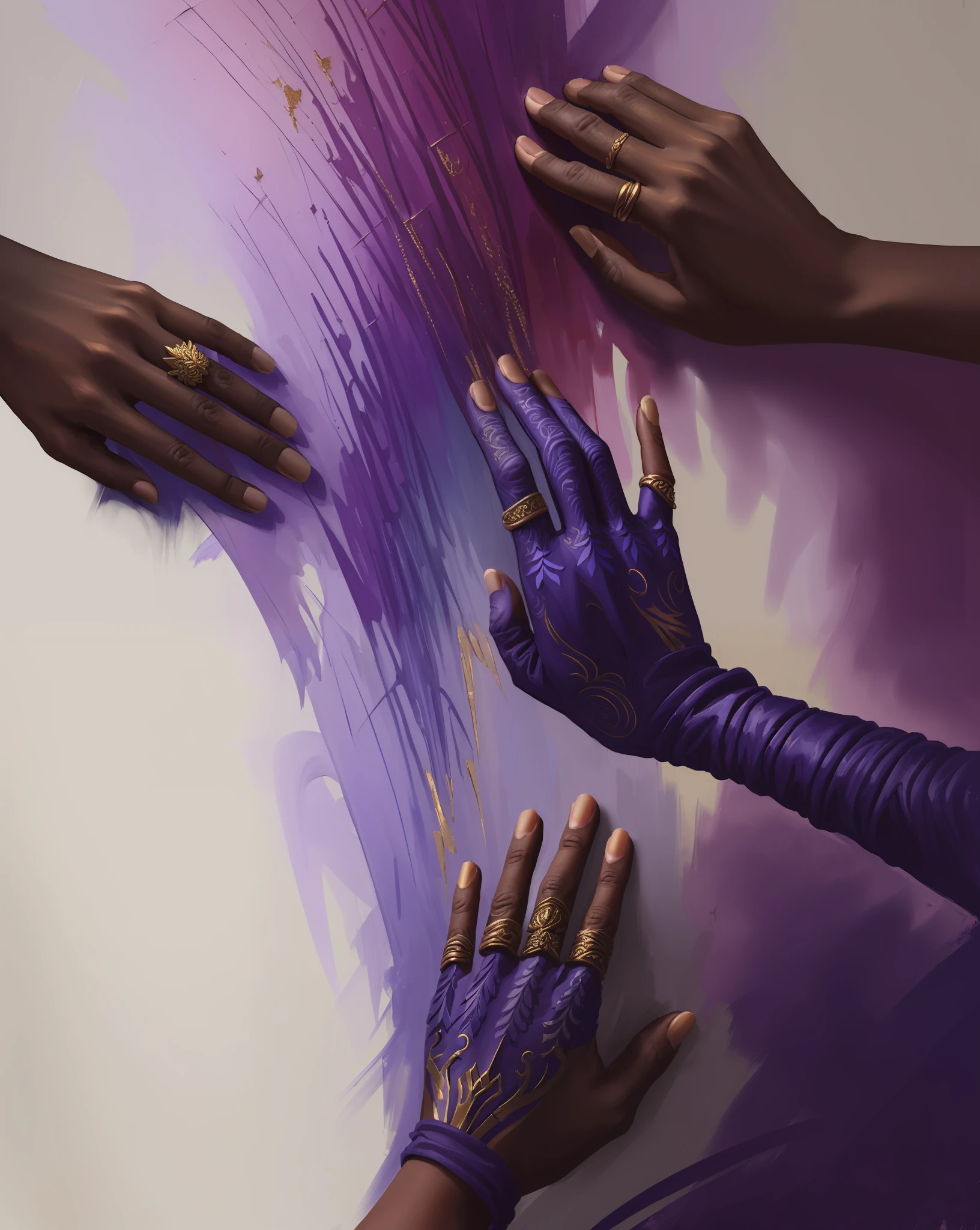 (((Masterpiece))), (((Best Quality: 1.4))), ((Super Detail: 1.4)) , hyper detailed gouache painting of tiefling hands, Golden ornamenta, hyper detailed fingers, dynamic, detailed textures, gray skintone