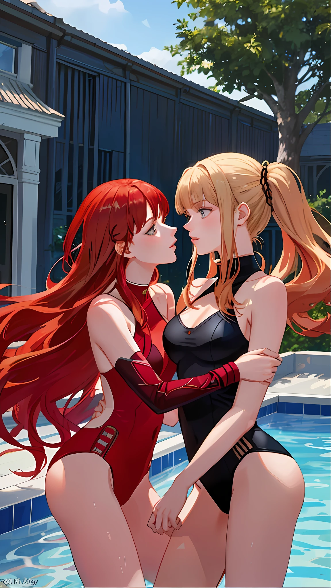 2woman kissing, Dark Phoenix (Sophie Turner, red hair) kissing Magik in the pool with sexy one-piece bikinis (Anya Taylor-Joy, blonde with bangs) in the pool of the X-Men mansion, ecchi, side view
