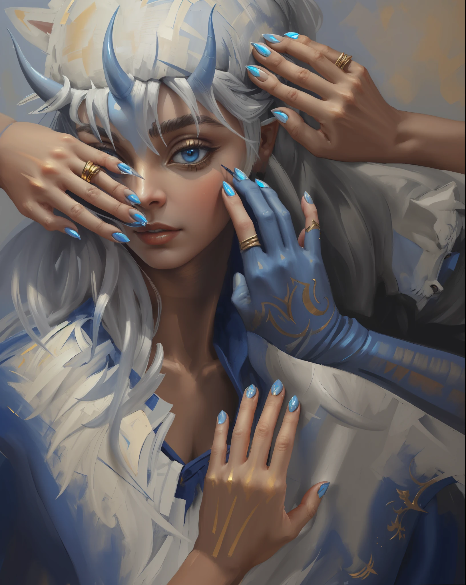 (((Masterpiece))), (((Best Quality: 1.4))), ((Super Detail: 1.4)) , hyper detailed gouache painting of tiefling hands, light gray skintone, blue undertone, Golden ornaments, long realistic sharp nails, hyper detailed fingers, dynamic, detailed textures,