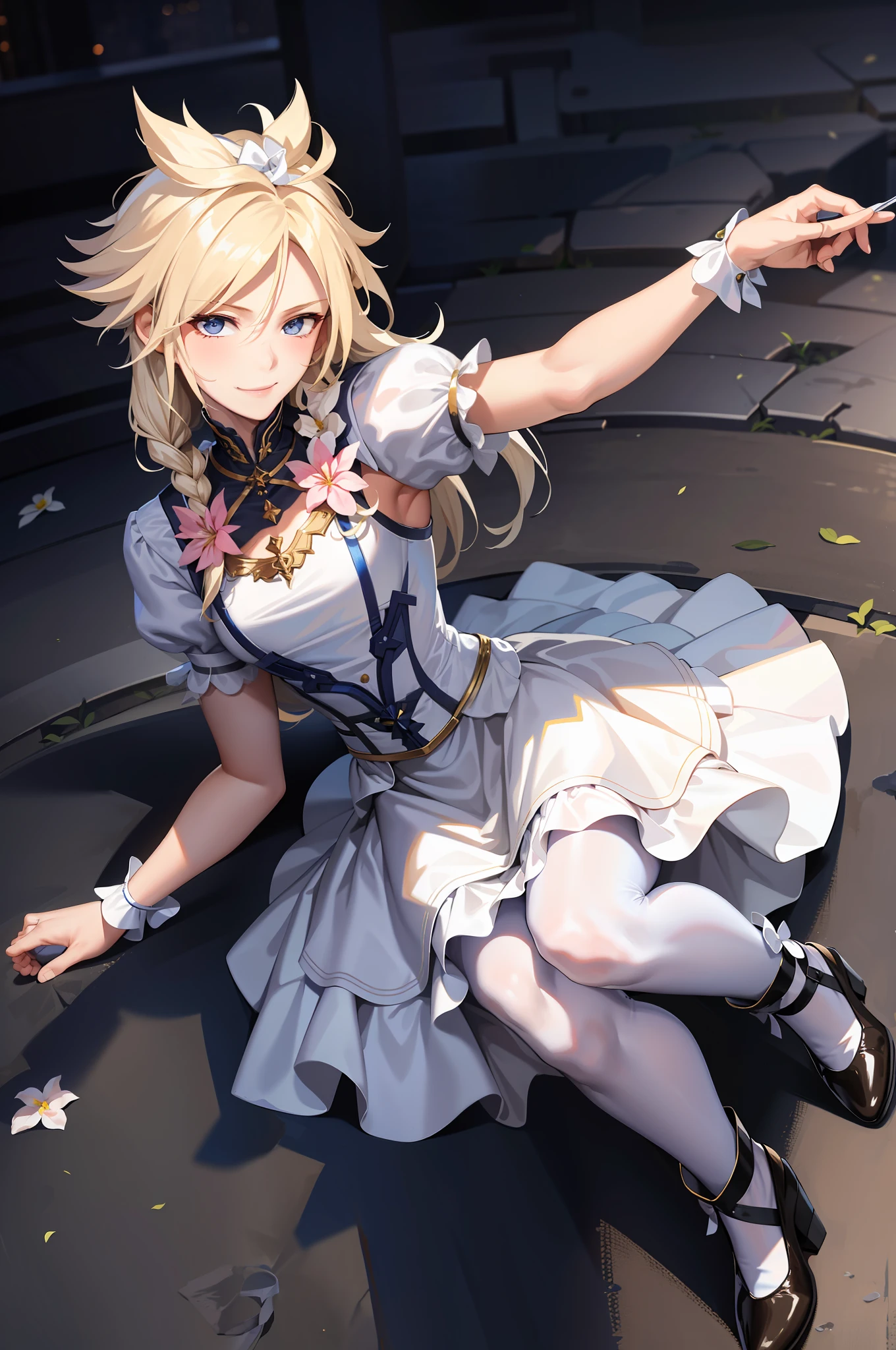 Masterpiece, best quality, cloud clash, crossdressing, long hair, male focus, white gauze dress, hair bow, smile, beautiful face, looking at the audience, white stockings, holding flowers, pseudonym, face depicted meticulously, white stockings shiny