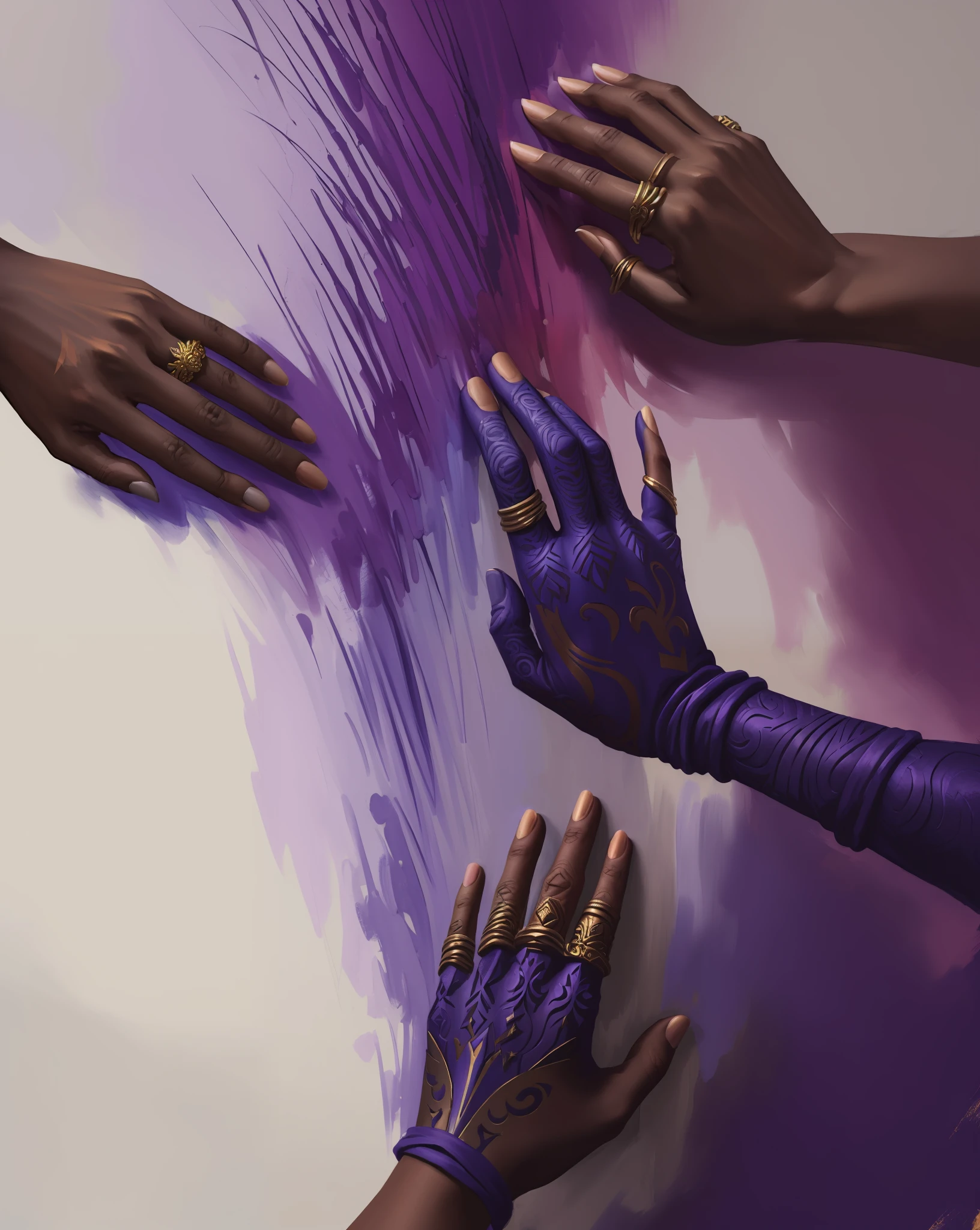 (((Masterpiece))), (((Best Quality: 1.4))), ((Super Detail: 1.4)) , hyper detailed gouache painting of tiefling hands, Golden ornamenta, hyper detailed fingers, dynamic, detailed textures, gray skintone