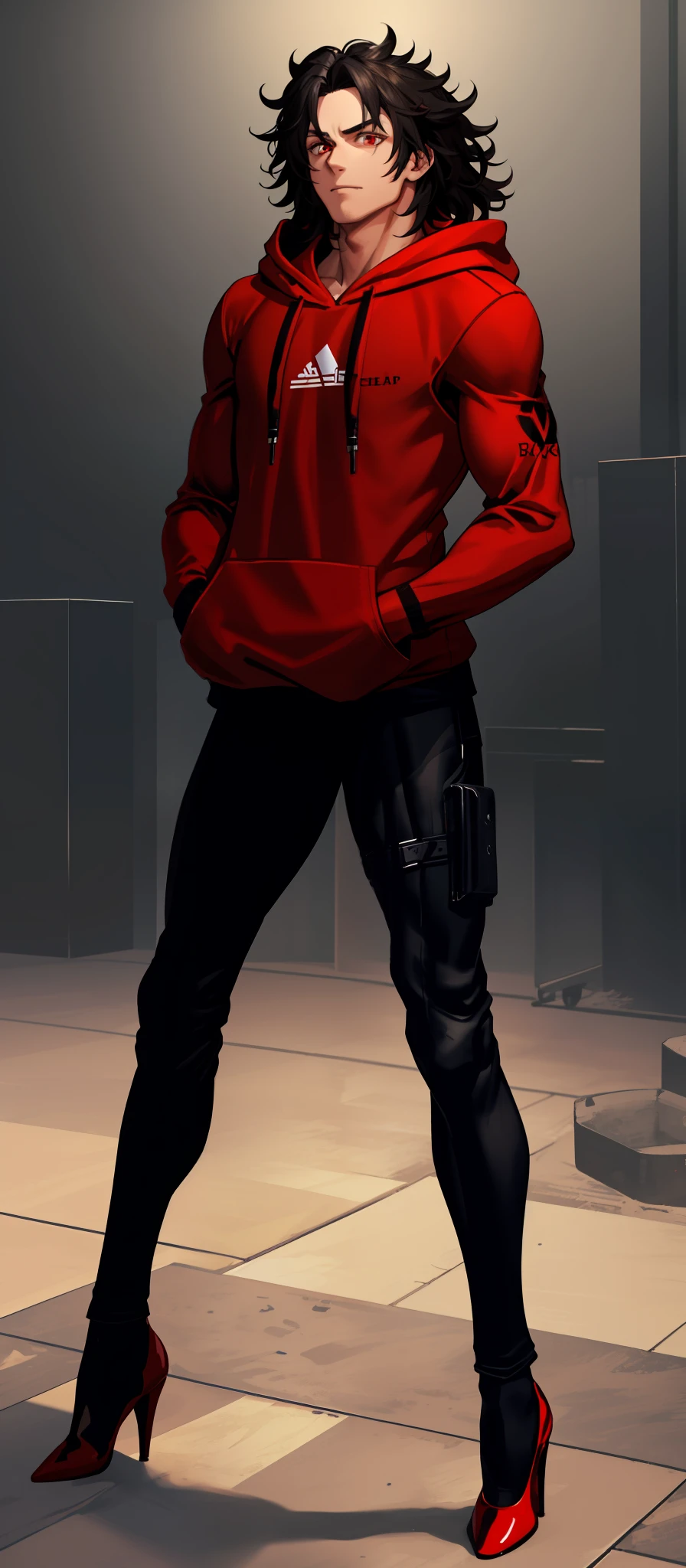 Boy, bodybuilder, big black messy hair, extremely bright red eyes, HD, masterpiece, seductive red high heels, slim dark black hoodie, full body view, neutral face, black stockings, beautiful legs, high heels.