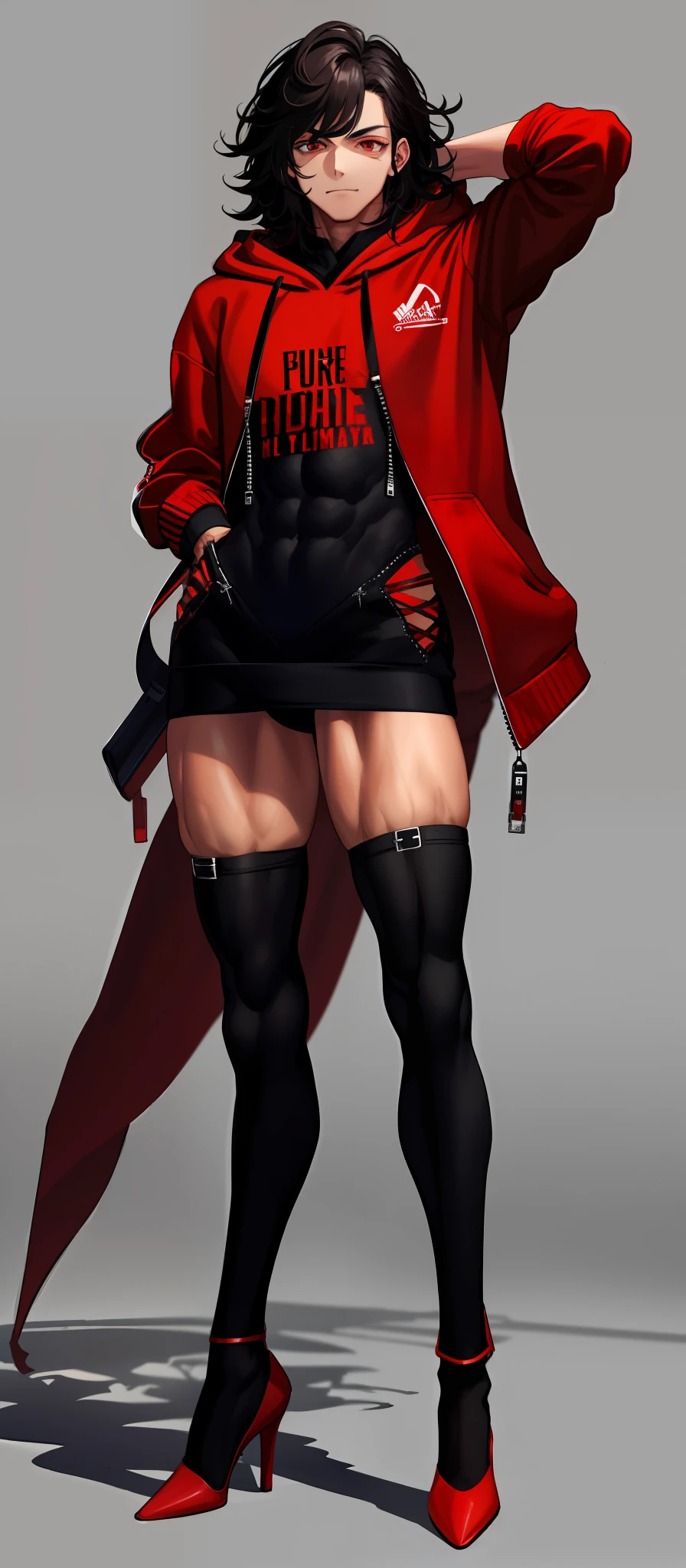 Boy, bodybuilder, big black messy hair, extremely bright red eyes, HD, masterpiece, seductive red high heels, slim dark black hoodie, full body view, neutral face, black stockings, beautiful legs, high heels.