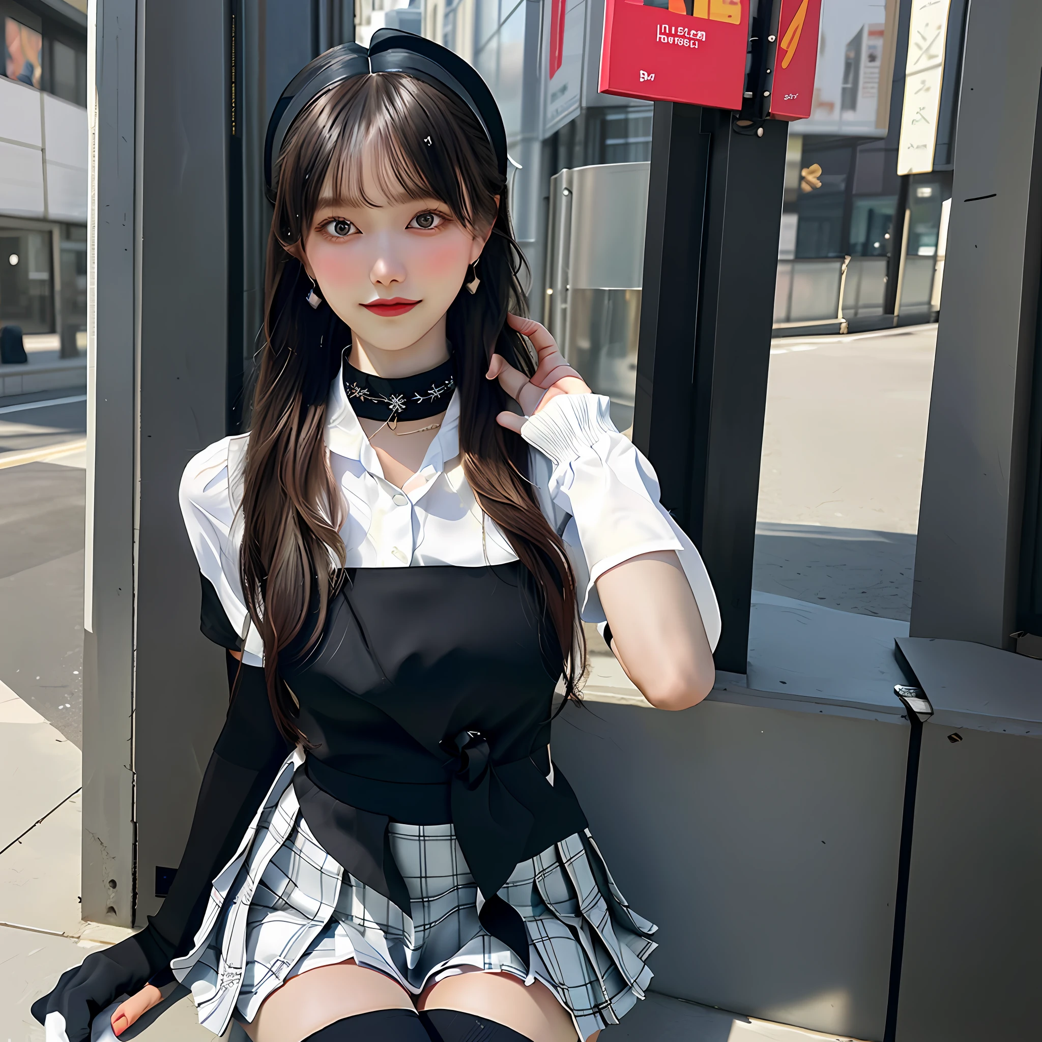 Masterpiece, top quality, full body, one woman, bangs, black choker, black tie, blonde, blue skirt, blush, bracelet, chest, choker, clothes around the waist, collarbone, collared shirt, cowboy shot, dress shirt, ((((thighhigh socks)))), ear piercings, eyebrows visible from hair, gradient hair, grinning, gal, jewelry, kogal, long hair, viewer's gaze, loose tie, tie, piercing, plaid, plaid skirt, pleated skirt, red eye, ring, school uniform, shirt, skirt, smile, solo, white shirt, street, sky, cherry, petal, illustration, (magazine: 1.3), (cover style: 1.3), fashionable, woman, cheerful, outfit, pose, frontal, colorful, dynamic, background, elements, confident, expression, holding, statement, accessory, majestic, coiled, around, touch, scene, text, cover, bold, attention, title, stylish, font, catchy, headline, big, impressive, modern, trendy, focus, fashion,