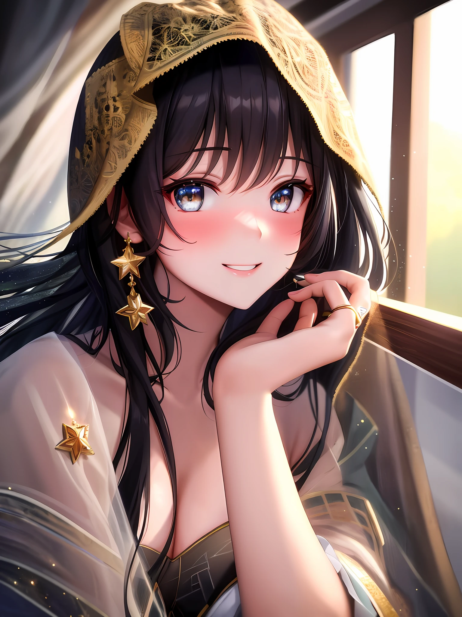 Superb Quality, Masterpiece, High Resolution, 1Girl, Blush, (Seductive Smile: 0.8), Star Eyes, Rings, Earrings, Beauty, on_body, Tyndall Effect, Realistic, Shadow Room, Light Edge, Two-tone Lighting, (High Detail Skin: 1.2), 8K UHD, DSLR, Soft Light, High Quality, Volumetric Lighting, Candid Photo, High Resolution, 4K, 8K, Background Blur