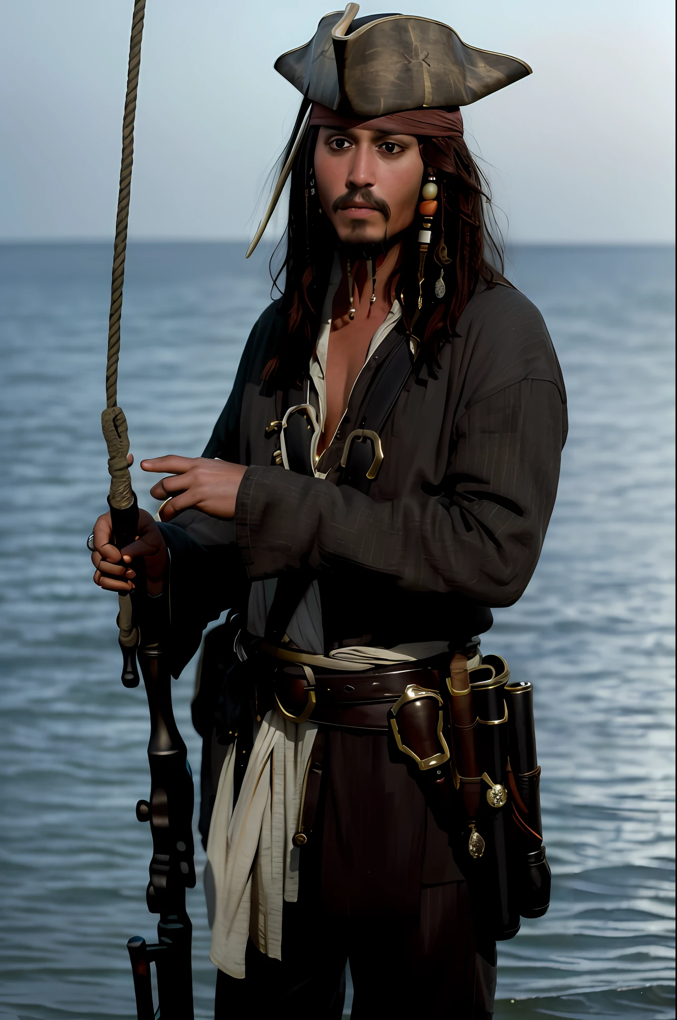 masterpiece, (photorealistic:1.5), best quality, beautiful lighting, real life,
jack sparrow, solo, long hair, brown hair, long sleeves, 1boy, hat, weapon, male focus, outdoors, gun, facial hair, ocean, rope, rifle, beard, watercraft
, intricate, high detail, sharp focus, dramatic, beautiful girl , (RAW photo, 8k uhd, film grain), caustics, subsurface scattering, reflections