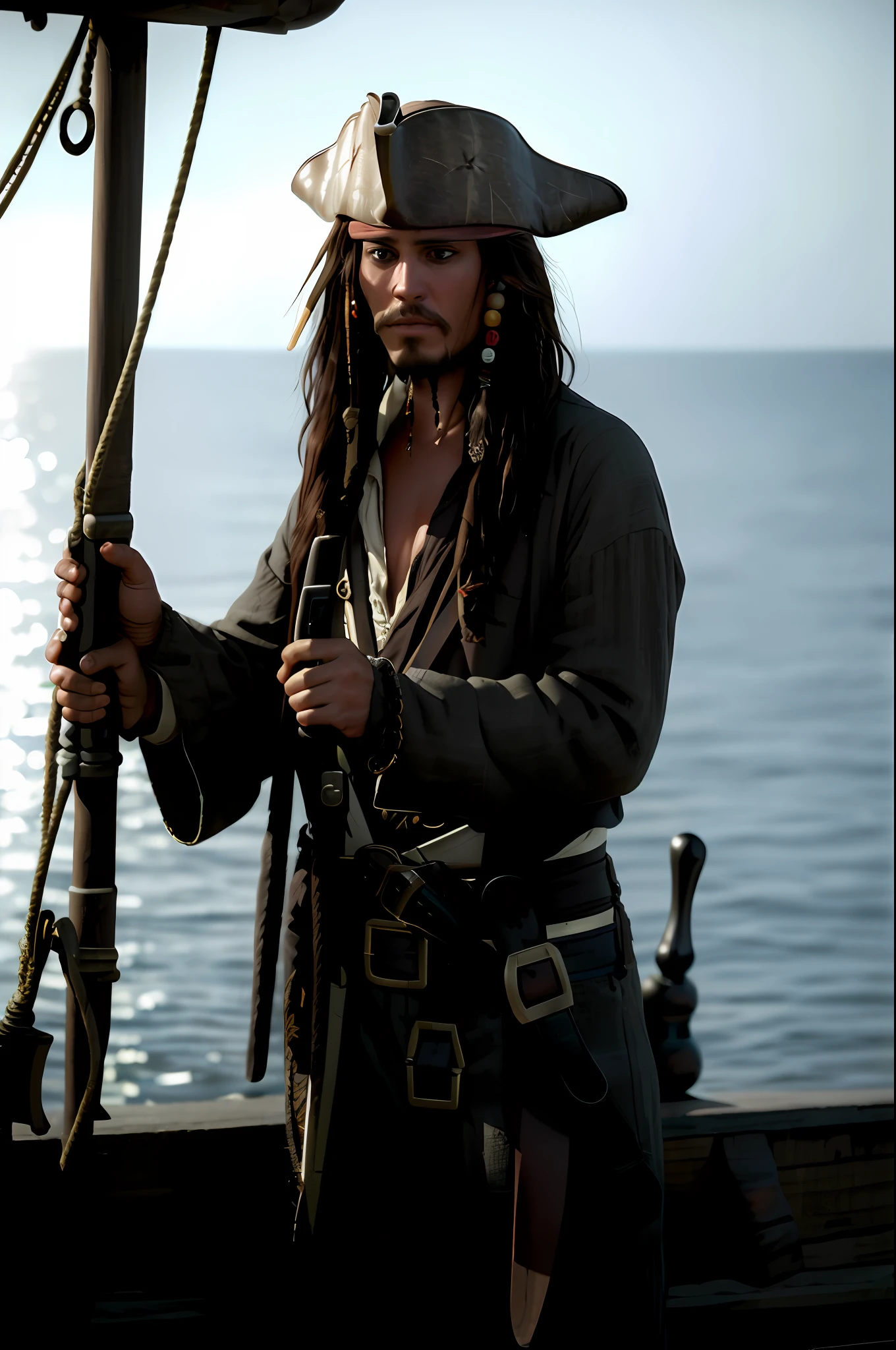 masterpiece, (photorealistic:1.5), best quality, beautiful lighting, real life,
jack sparrow, solo, long hair, brown hair, long sleeves, 1boy, hat, weapon, male focus, outdoors, gun, facial hair, ocean, rope, rifle, beard, watercraft
, intricate, high detail, sharp focus, dramatic, beautiful girl , (RAW photo, 8k uhd, film grain), caustics, subsurface scattering, reflections