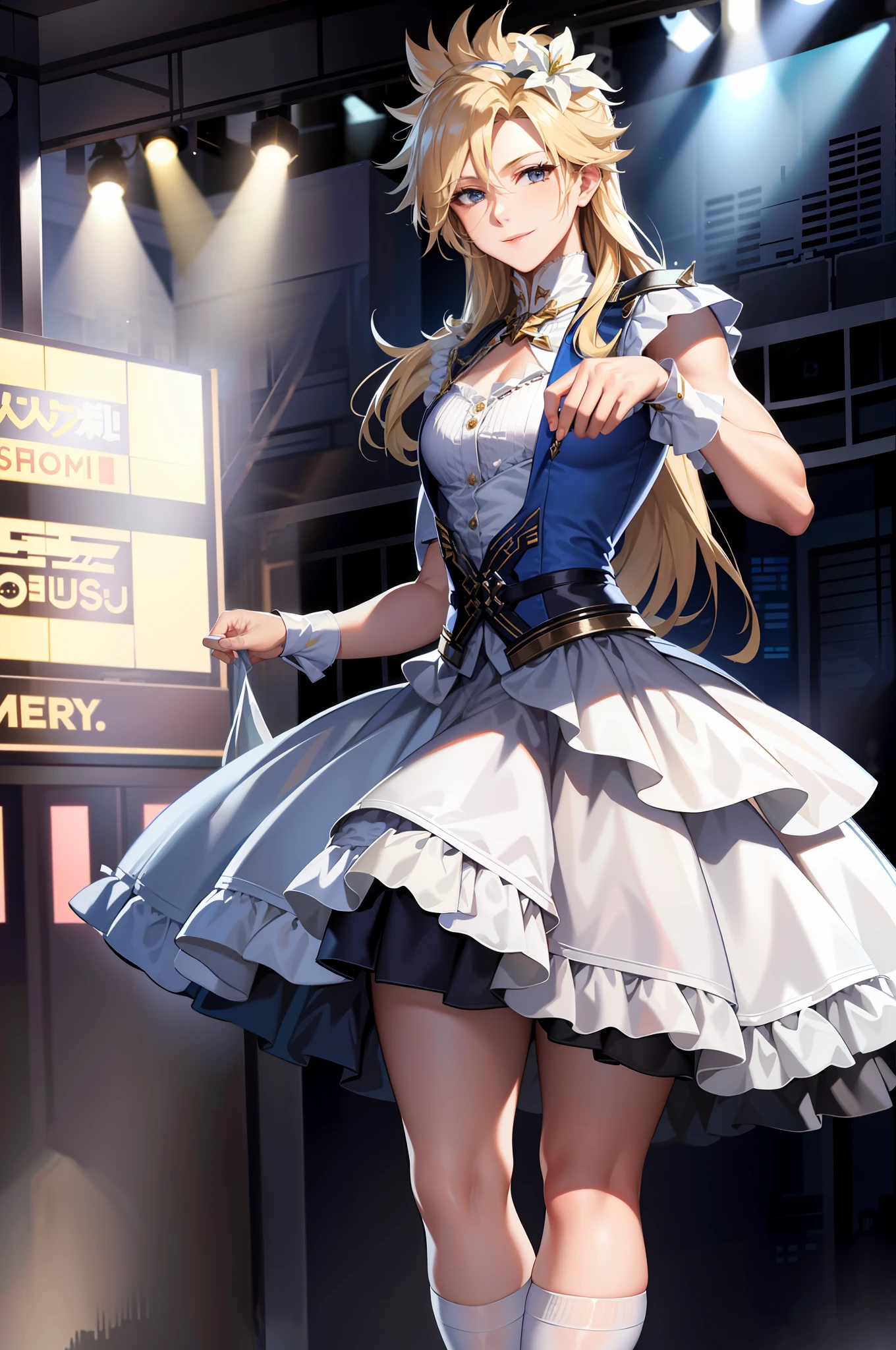 Masterpiece, best quality, cloud clash, crossdressing, long hair, male focus, white vest, miniskirt, hair bow, smile, beautiful face, looking at the audience, white stockings, flowers in hand, lady , face depicted meticulously, white stockings shiny