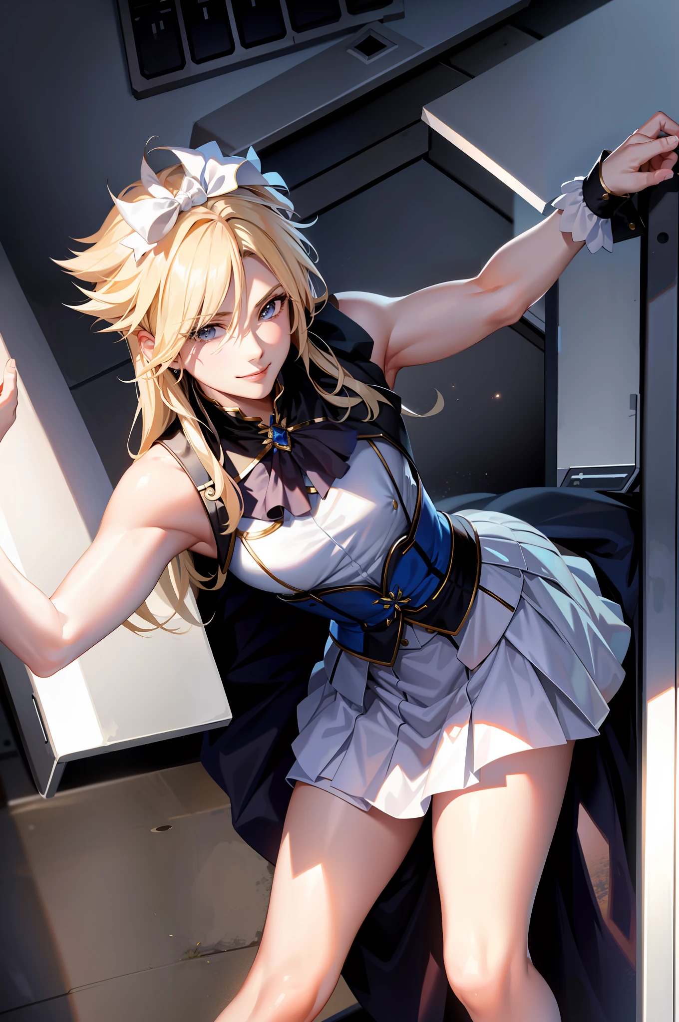 Masterpiece, best quality, cloud clash, crossdressing, long hair, male focus, white vest, miniskirt, hair bow, smile, beautiful face, looking at the audience, white stockings, flowers in hand, lady , face depicted meticulously, white stockings shiny