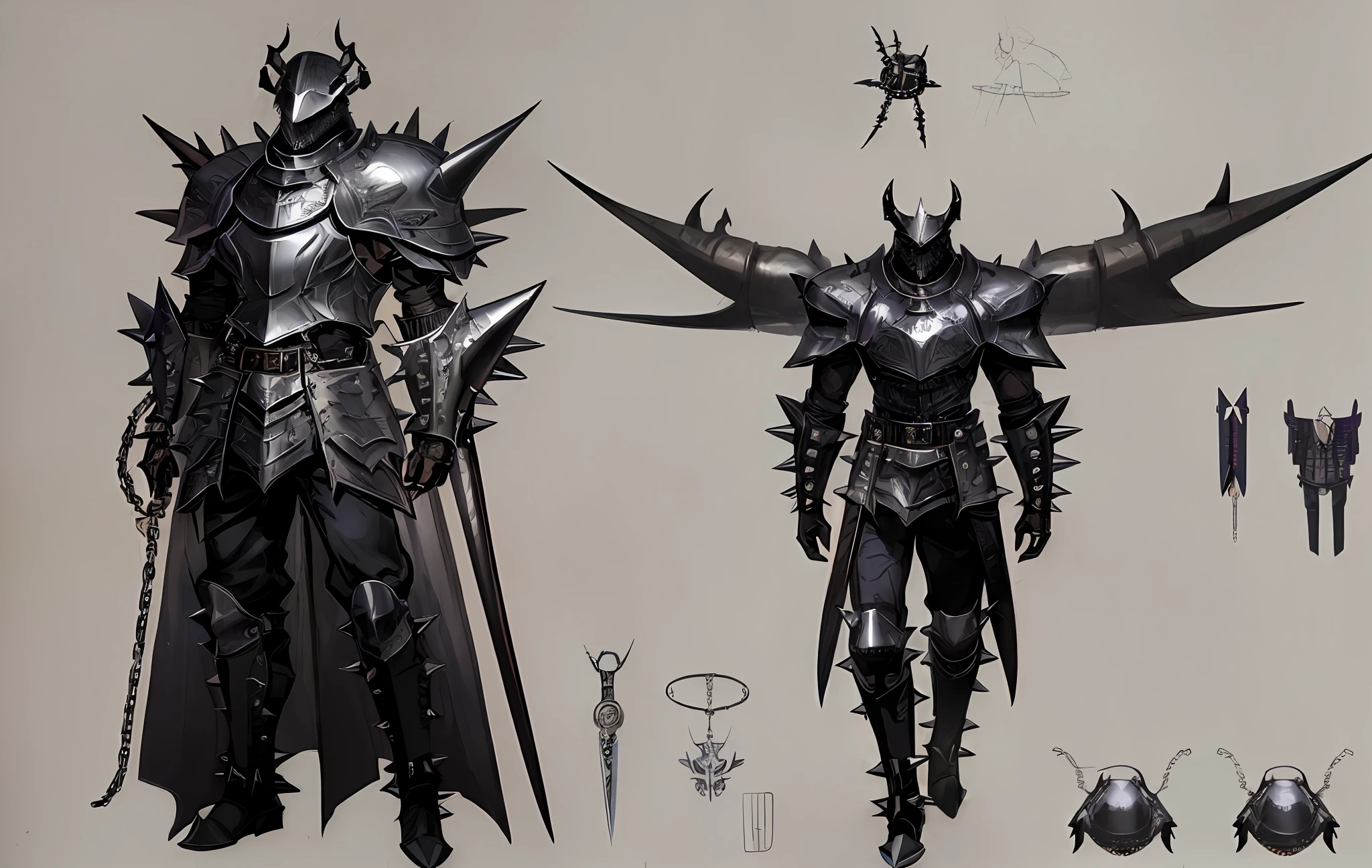 (((concept art, drawing, sketch, Undd, solo))), (((beetle))), (horned helmet), ((black armor)), (((spiked leather body plates))), (((spikes))), ((belt)), ((weapon)), (((ring chains))), (((chain)))