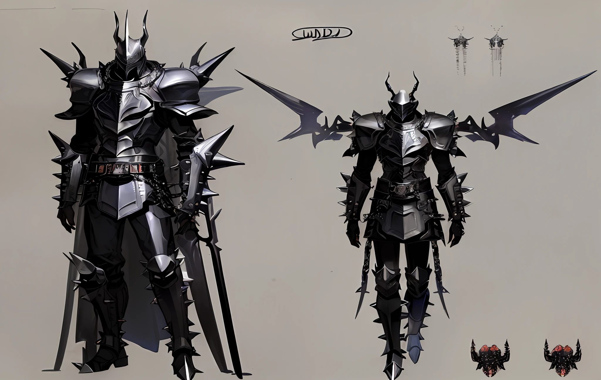 (((concept art, drawing, sketch, Undd, solo))), (((beetle))), (horned helmet), ((black armor)), (((spiked leather body plates))), (((spikes))), ((belt)), ((weapon)), (((ring chains))), (((chain)))
