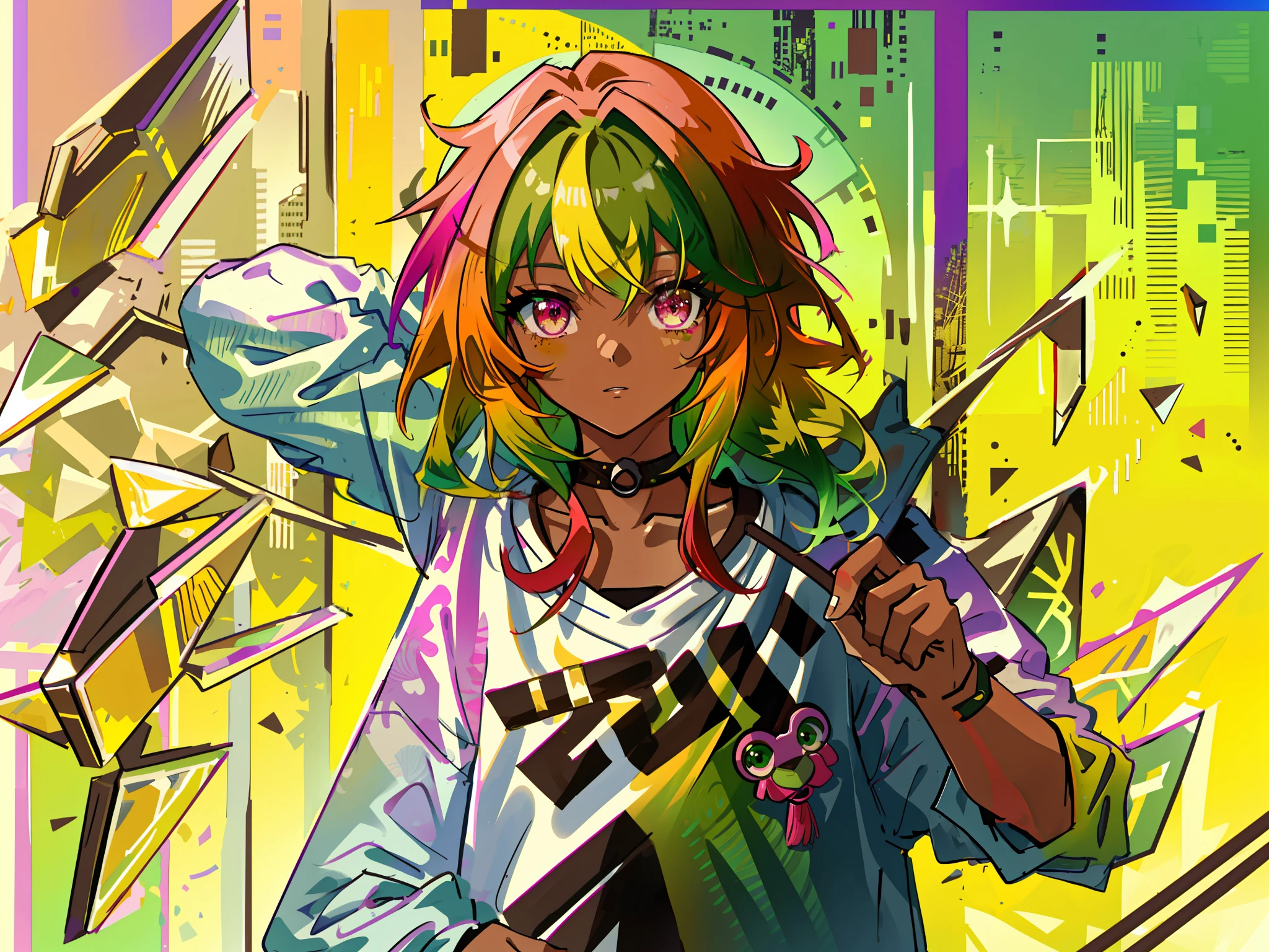 1girl, solo, solo focus, cowboy shot, portrait, oversized fashion hoodie, frog theme, cute frog lover, green and red hoodie, half red, half green, (yellow hair), (gradient hair :1.5), curly hair, ((pink eyes)), hyperdetailed eyes, tan, (caramel dark skin:1.3), best quality, ultra-detailed, detailed background, pattern background, ultra-detailed, 4k, hd, high quality,