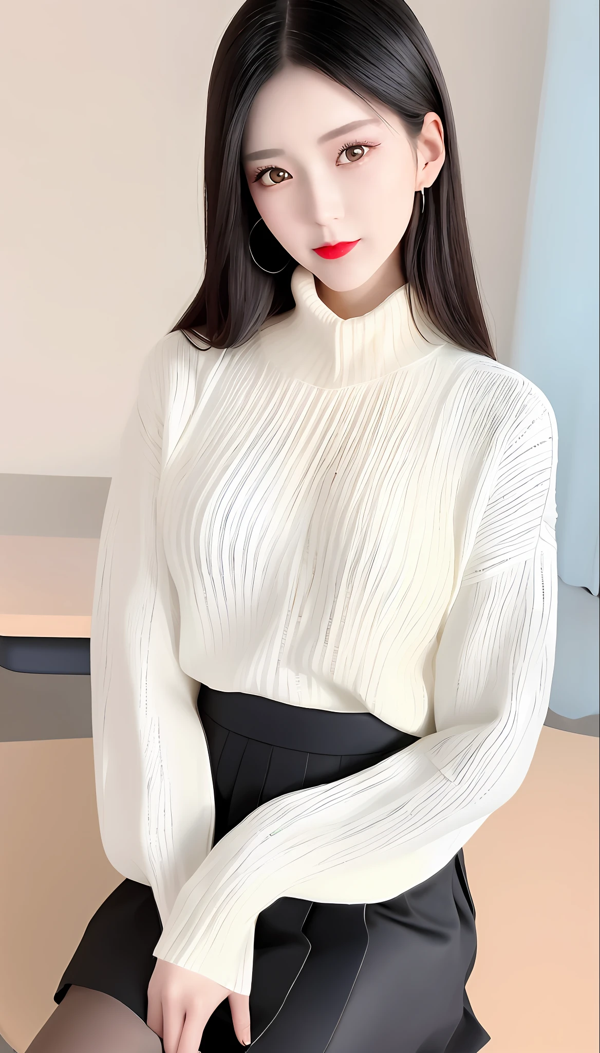 a close up of a woman in a white sweater and black skirt, in white turtleneck shirt, high collar, ( ivory black ), with a long white, 155 cm tall, 165 cm tall, sweater, winter, 8 k ), ivory, choi, 4 k ], 4k], h 7 0 4, white sweater, [ realistic photo ]!!