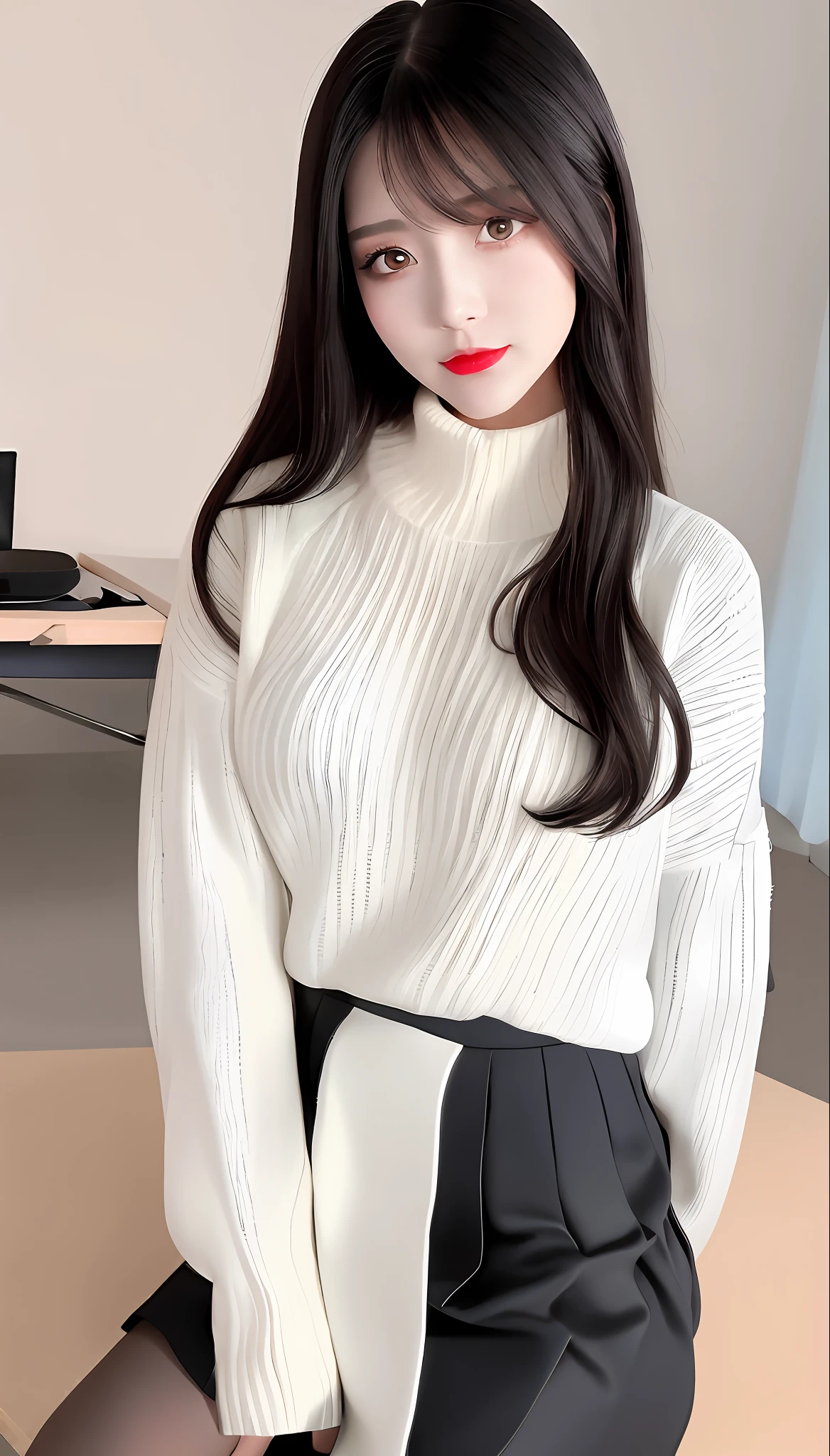 a close up of a woman in a white sweater and black skirt, in white turtleneck shirt, high collar, ( ivory black ), with a long white, 155 cm tall, 165 cm tall, sweater, winter, 8 k ), ivory, choi, 4 k ], 4k], h 7 0 4, white sweater, [ realistic photo ]!!