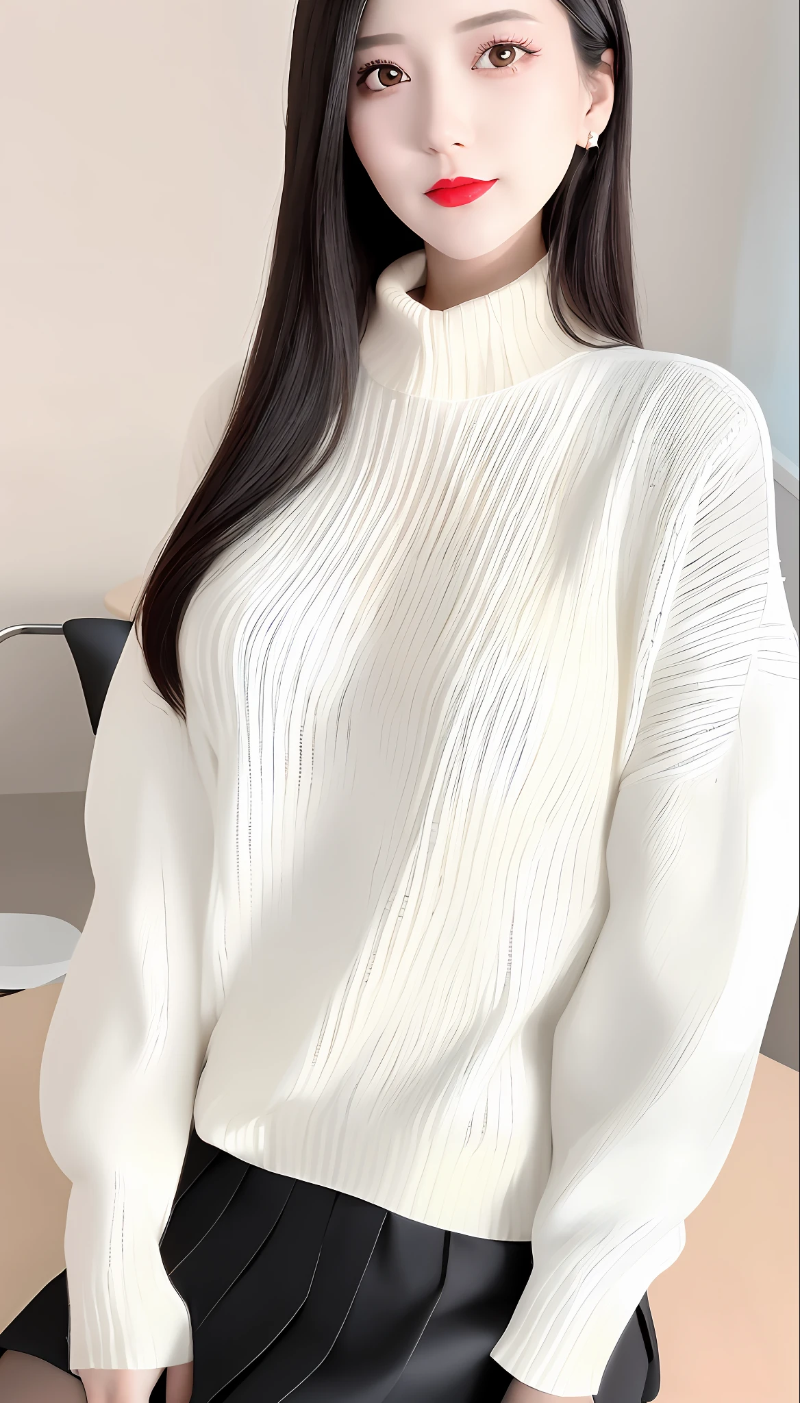 a close up of a woman in a white sweater and black skirt, in white turtleneck shirt, high collar, ( ivory black ), with a long white, 155 cm tall, 165 cm tall, sweater, winter, 8 k ), ivory, choi, 4 k ], 4k], h 7 0 4, white sweater, [ realistic photo ]!!