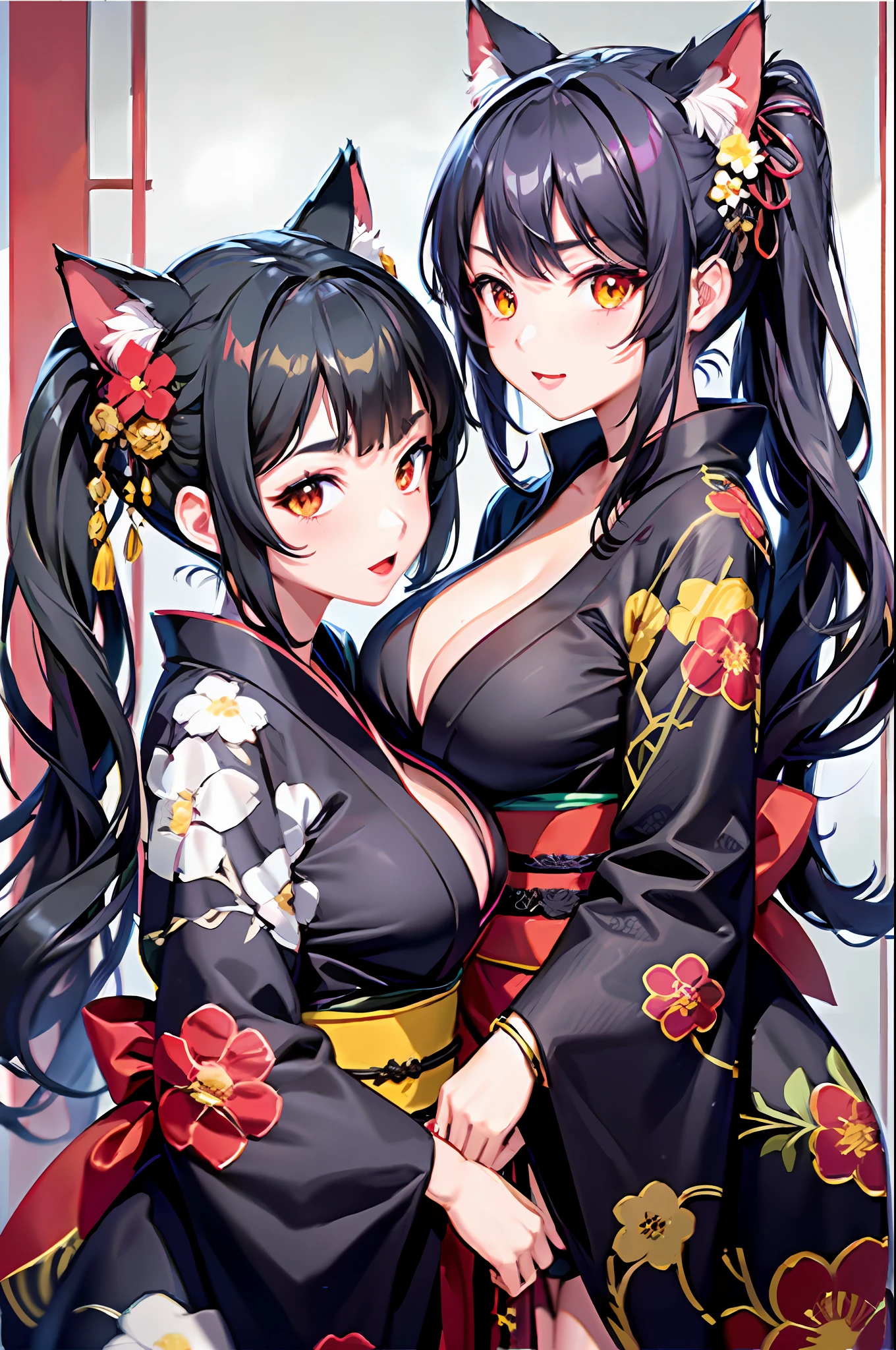 Masterpiece, high resolution, high quality, 2 girls, bouquet, black kimono, big breasts, cat ears, floral pattern, red eyes, black hair, ponytail, white kimono, big breasts, cat ears, floral pattern, yellow eyes, white hair, twin tails