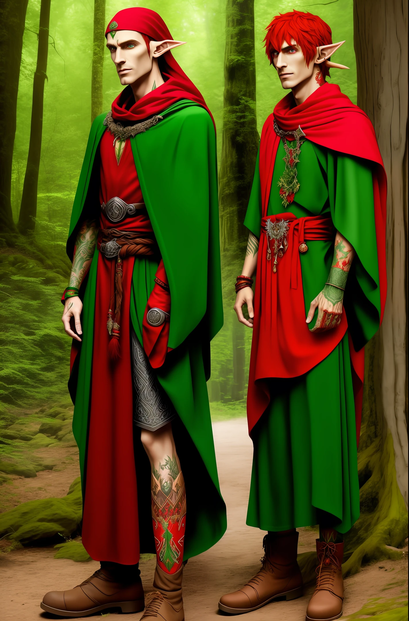 Druid elf, forest elf, elf man red hair, green robes, red bandana, earrings, tattoos, elf portrait,