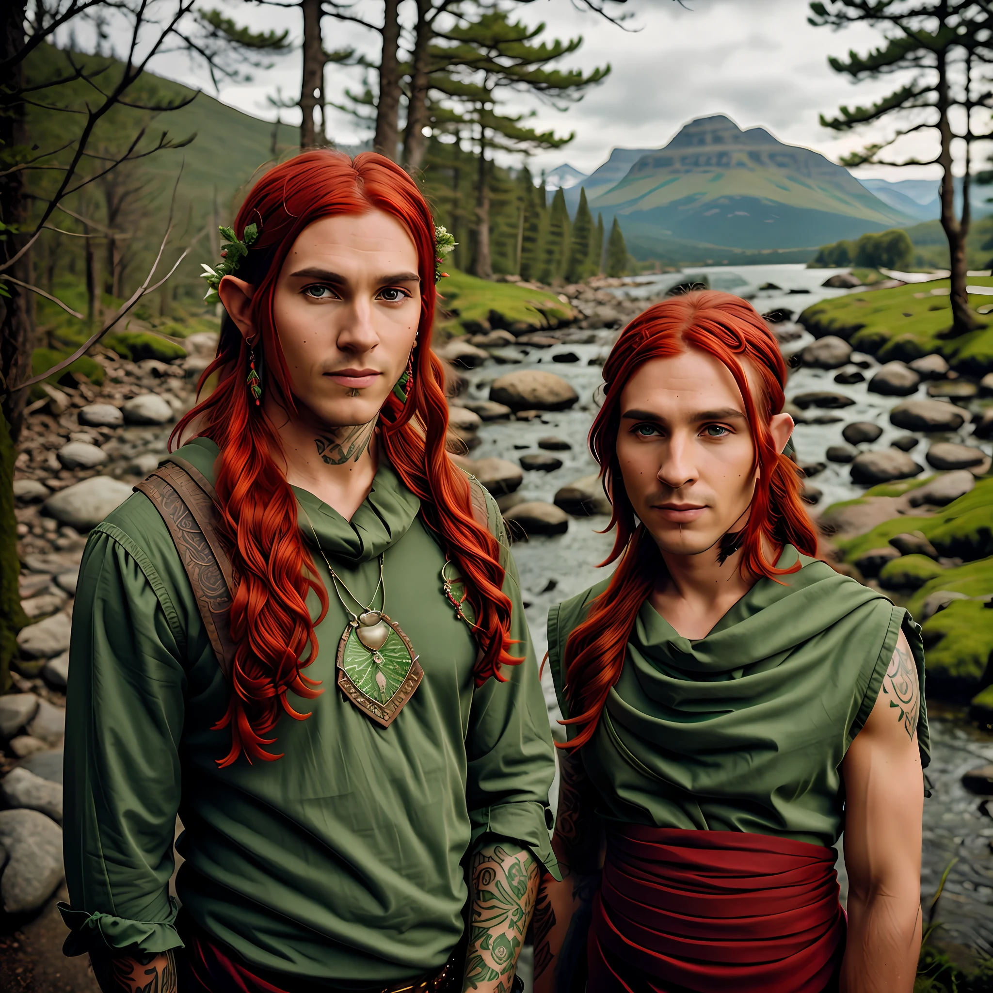 Druid elf, forest elf, man elf, red hair, elf portrait, landscape, archer, earrings and red bandana
Tattoos