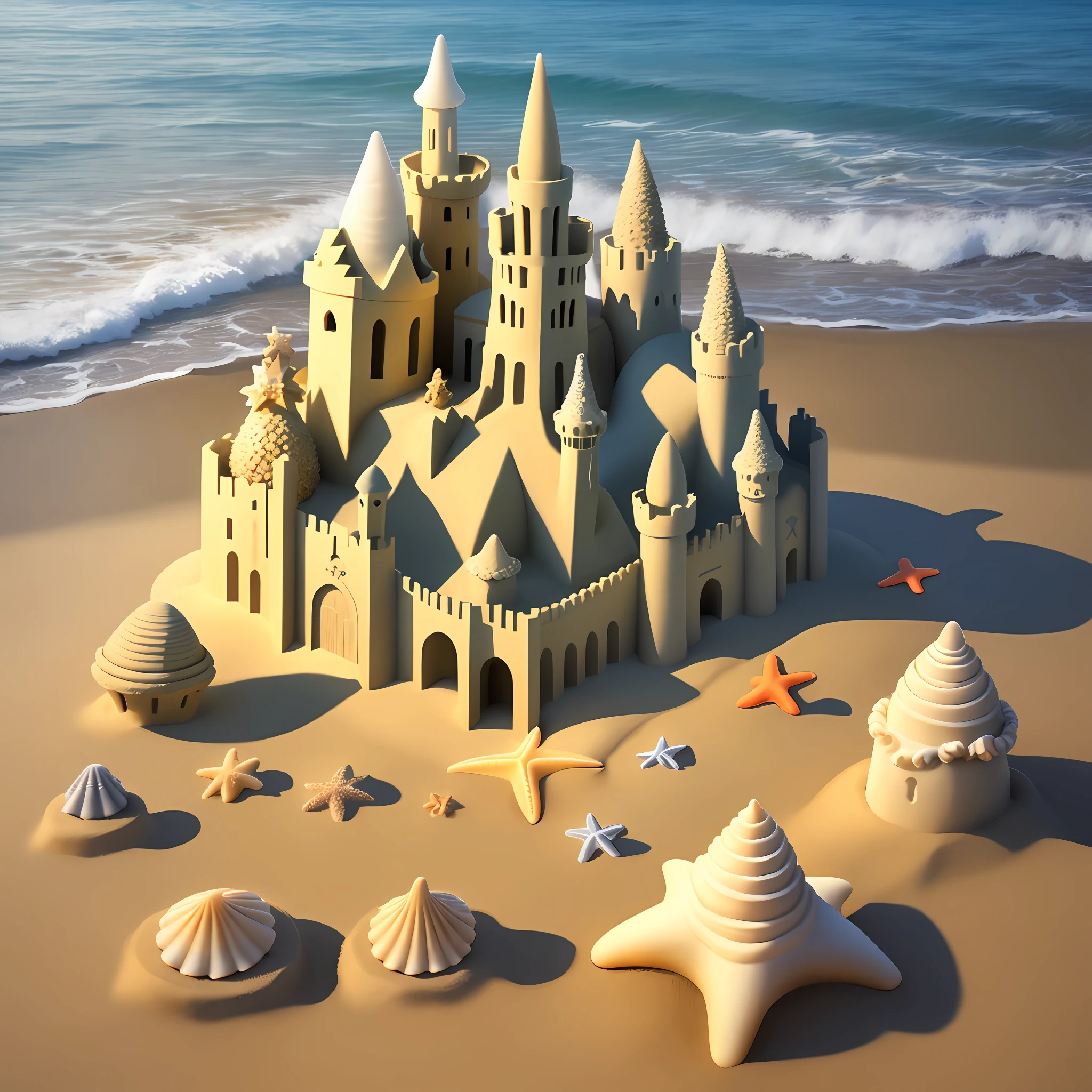 Sand castle with shells and starfish