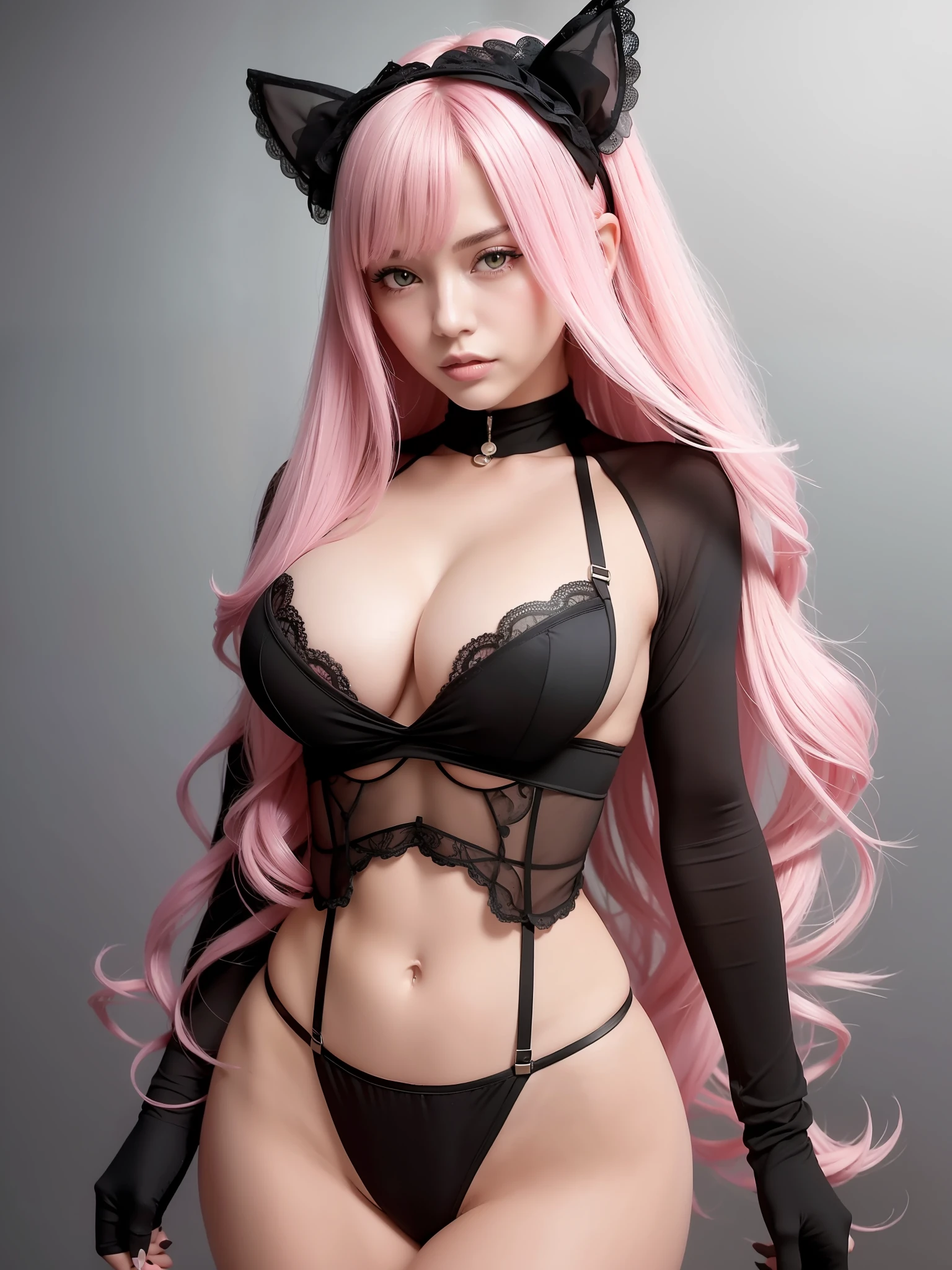 1girl posing for photo, showing black lace lingerie tongue with black cat ears on head and pink wig, best quality, ultra high resolution, (photorealistic: 1.4),(RAW photo: 1.2), (photorealistic: 1.4),(masterpiece:1.4),(best quality:1.4),ultra high resolution,HDR,8k resolution,blush,bodysuit,large breasts,latex bodysuit,long hair,pink body,rifle,street, best quality, ultra high resolution, (masterpiece: 1.4), (best quality: 1.4), ultra high resolution, HDR, 8k resolution, blush, big breasts, long hair, body pink, simple black photo studio background, dslr