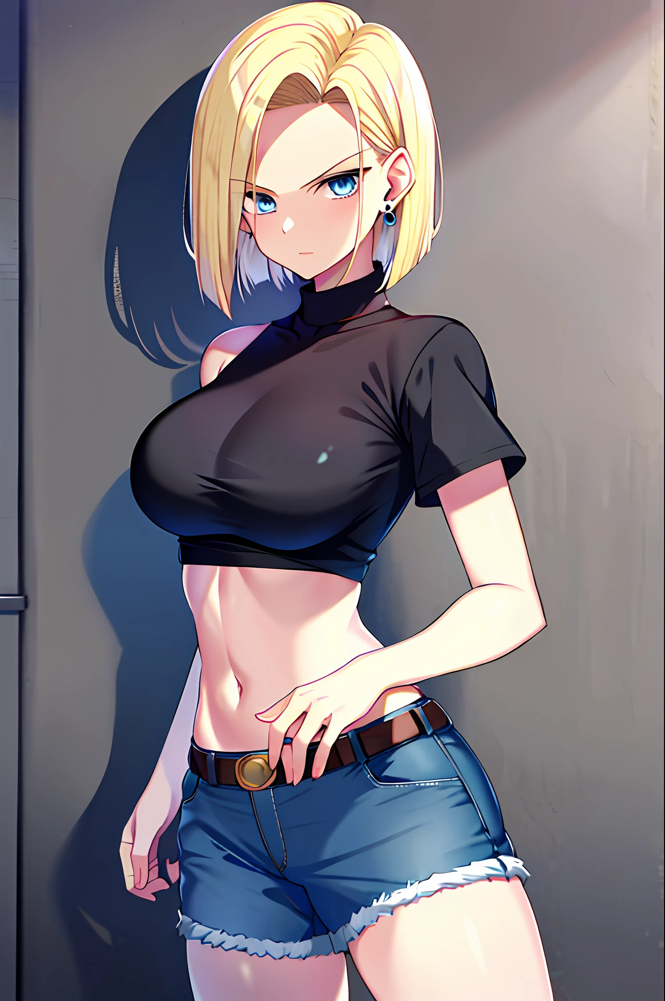 best quality, highres, and18, 1girl, android 18, solo, blonde hair, blue eyes, short hair, earrings, jewelry, big breasts, cowboy shot, street, tight black shirt, hard nipps , oiled body