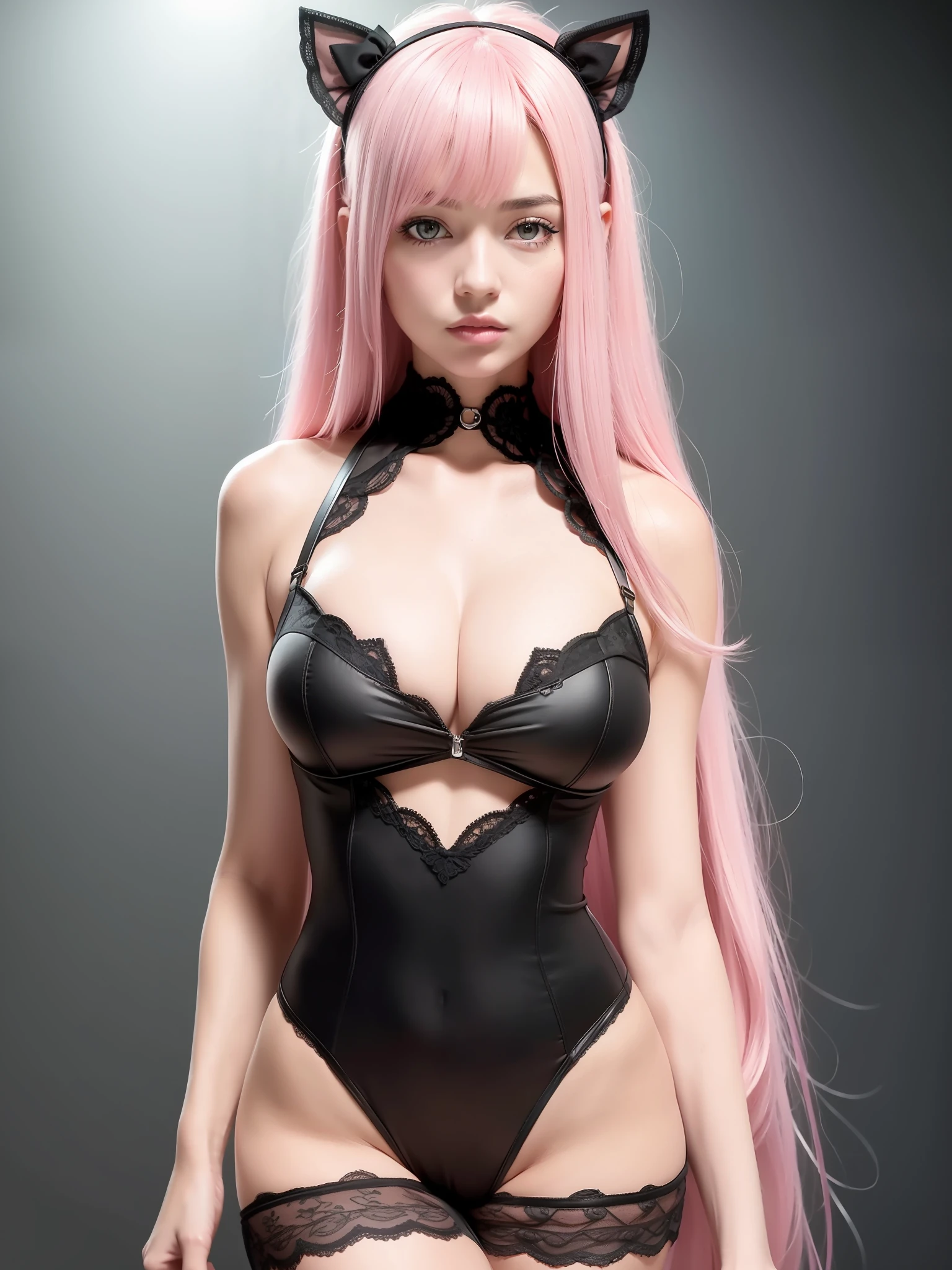 1girl posing for photo, showing black lace lingerie tongue with black cat ears on head and pink wig, best quality, ultra high resolution, (photorealistic: 1.4),(RAW photo: 1.2), (photorealistic: 1.4),(masterpiece:1.4),(best quality:1.4),ultra high resolution,HDR,8k resolution,blush,bodysuit,large breasts,latex bodysuit,long hair,pink body,rifle,street, best quality, ultra high resolution, (masterpiece: 1.4), (best quality: 1.4), ultra high resolution, HDR, 8k resolution, blush, big breasts, long hair, body pink, simple black photo studio background, dslr