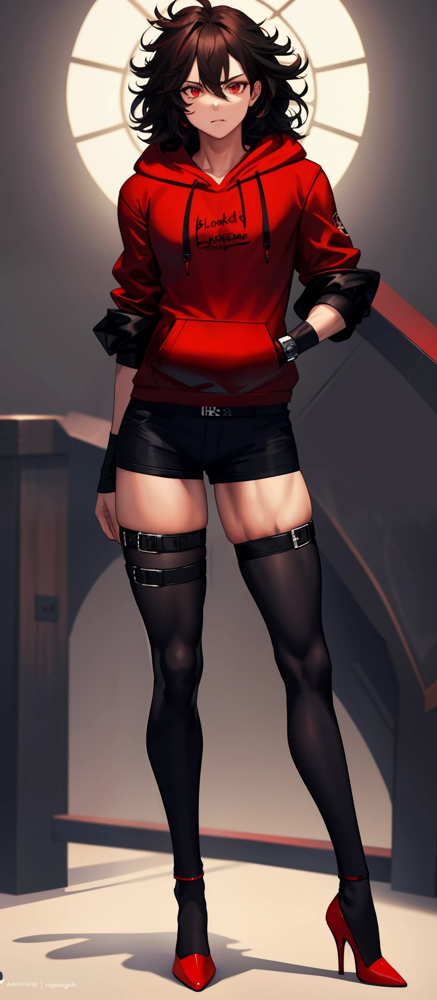 Boy, bodybuilder, big black messy hair, extremely bright red eyes, HD, masterpiece, seductive red high heels, slim dark black hoodie, full body view, female face, black stockings, stockings, beautiful legs, high heels.