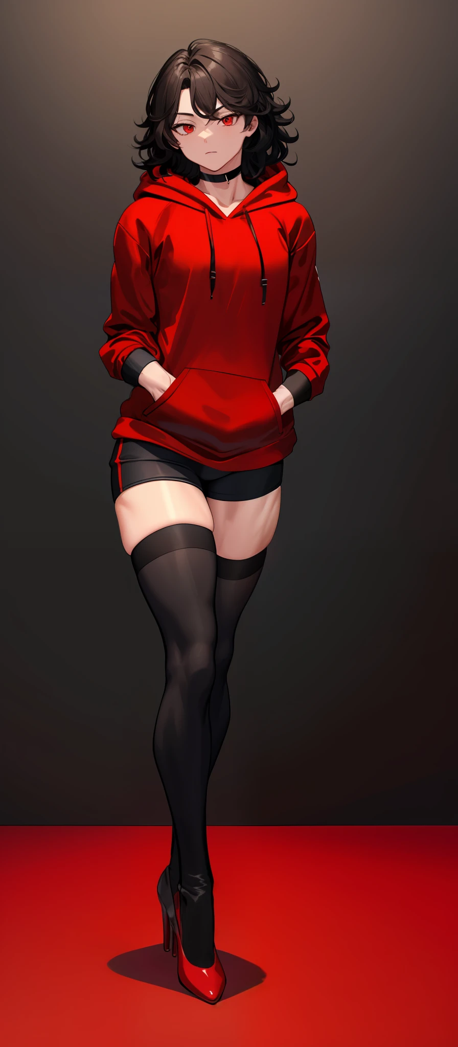 Boy, bodybuilder, big black messy hair, extremely bright red eyes, HD, masterpiece, seductive red high heels, slim dark black hoodie, full body view, neutral face, black stockings, stockings, beautiful legs, high heels.