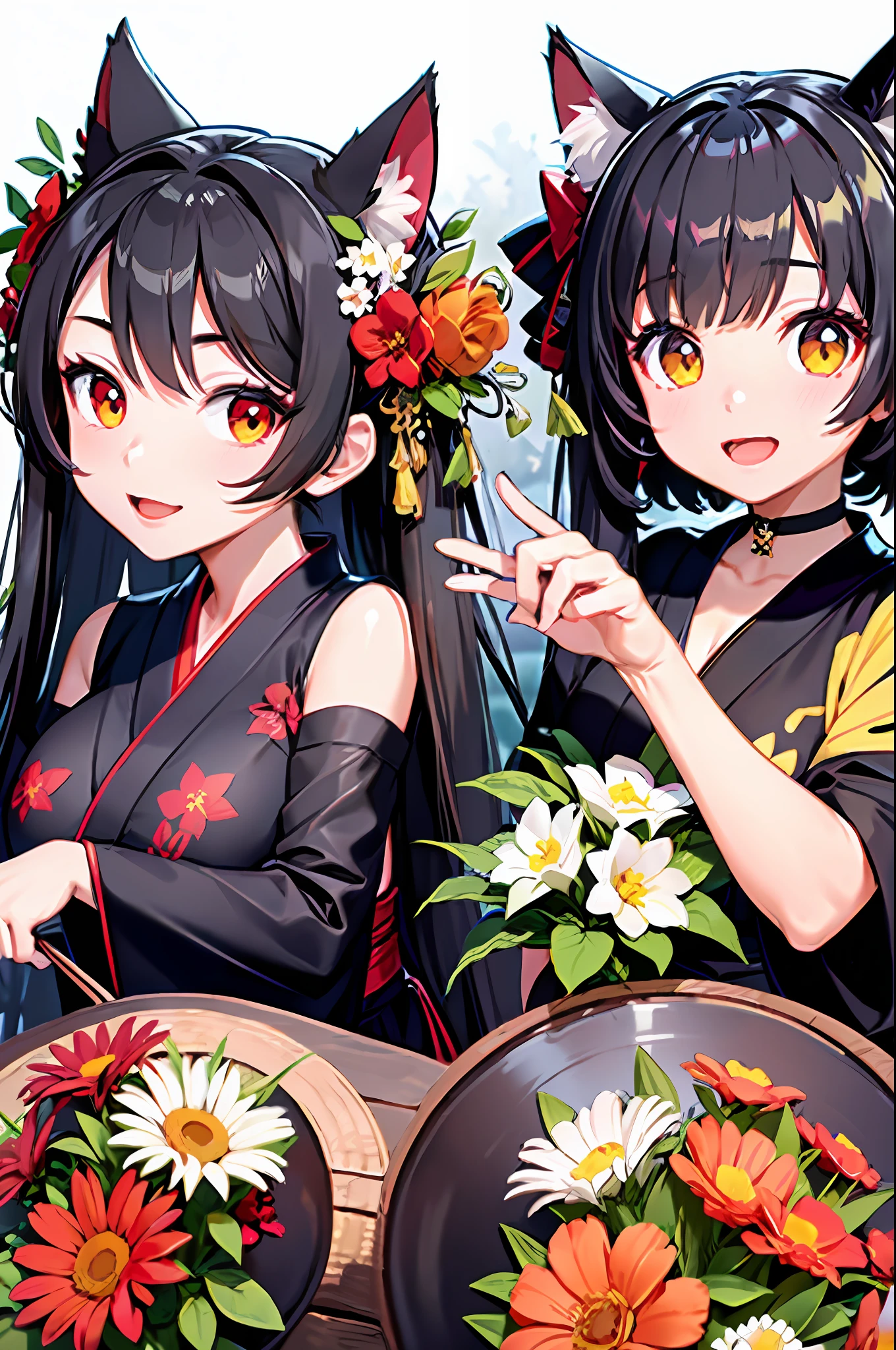 masterpiece, high resolution, high quality, NSFW, 2 girls, bouquet, black kimono, big breasts, cat ears, floral pattern, red eyes, black hair, ponytail, white kimono, big breasts, cat ears, floral pattern, yellow eyes, white hair, twin tails