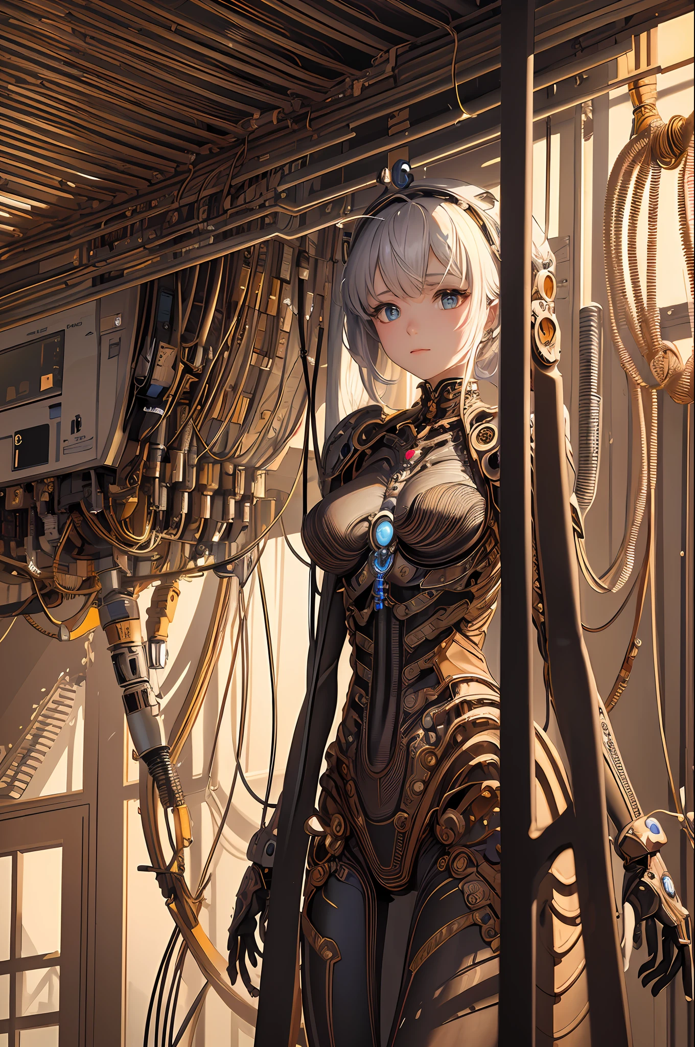 (((masterpiece))), (((best quality))), ((ultra-detailed)), (highly detailed CG illustration), ((an extremely delicate and beautiful)),cinematic light,((1mechanical girl)),solo,(cowboy shot:1.2),(machine made joints:1.2),((machanical limbs)),(blood vessels connected to tubes),(mechanical vertebra attaching to back),((mechanical cervial attaching to neck)),expressionless,(wires and cables attaching to neck:1.2),(wires and cables on head:1.2),(character focus),science fiction,extreme detailed,colorful,highest detailed, loongs,fengs,background,