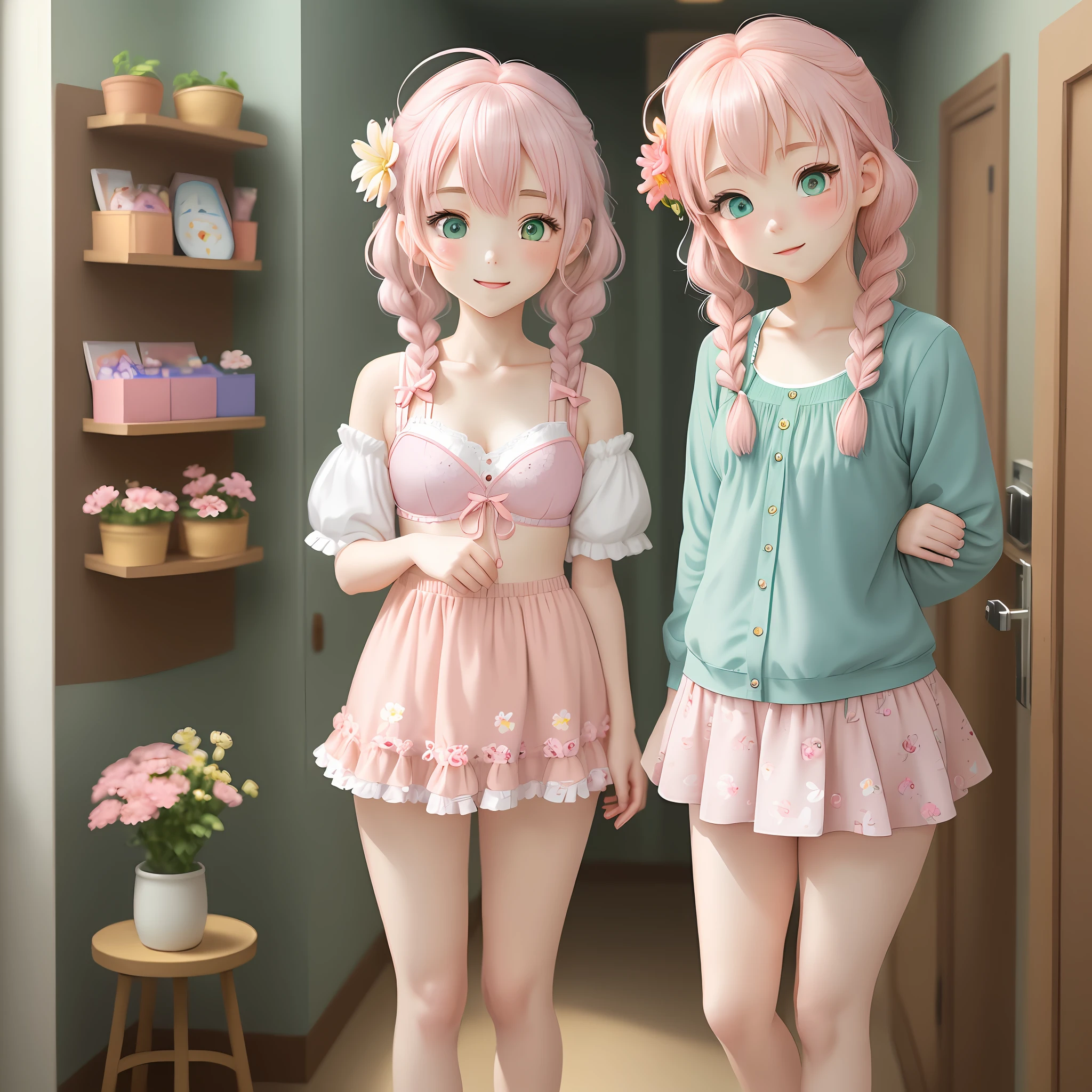 "Kyoto Animation" style anime illustrations, best quality, (cute: 1.1), 8K, (high resolution: 1.2), incredibly ridiculous: 1.3, incredibly fine illustrations, cute girls, (heterochromia, light blue eyes and light green eyes), standing figure, happiness, :d, masterpiece, top quality, absurdity, high resolution, official art, (cute: 1.8), ( Chibi Characters: 1.5), Solo, ((pale pink hair, braids on both sides, cute flower ribbon)), Thin Hair, One Beautiful Girl, (Cute: 1.8), Caregiver, (Floral Bra, Floral Panties)), Watch Viewer, Back, Changing Clothes, Changing Room